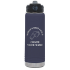 Personalized navy 20 oz vacuum insulated water bottle with 'WORLDS BEST COACH' design