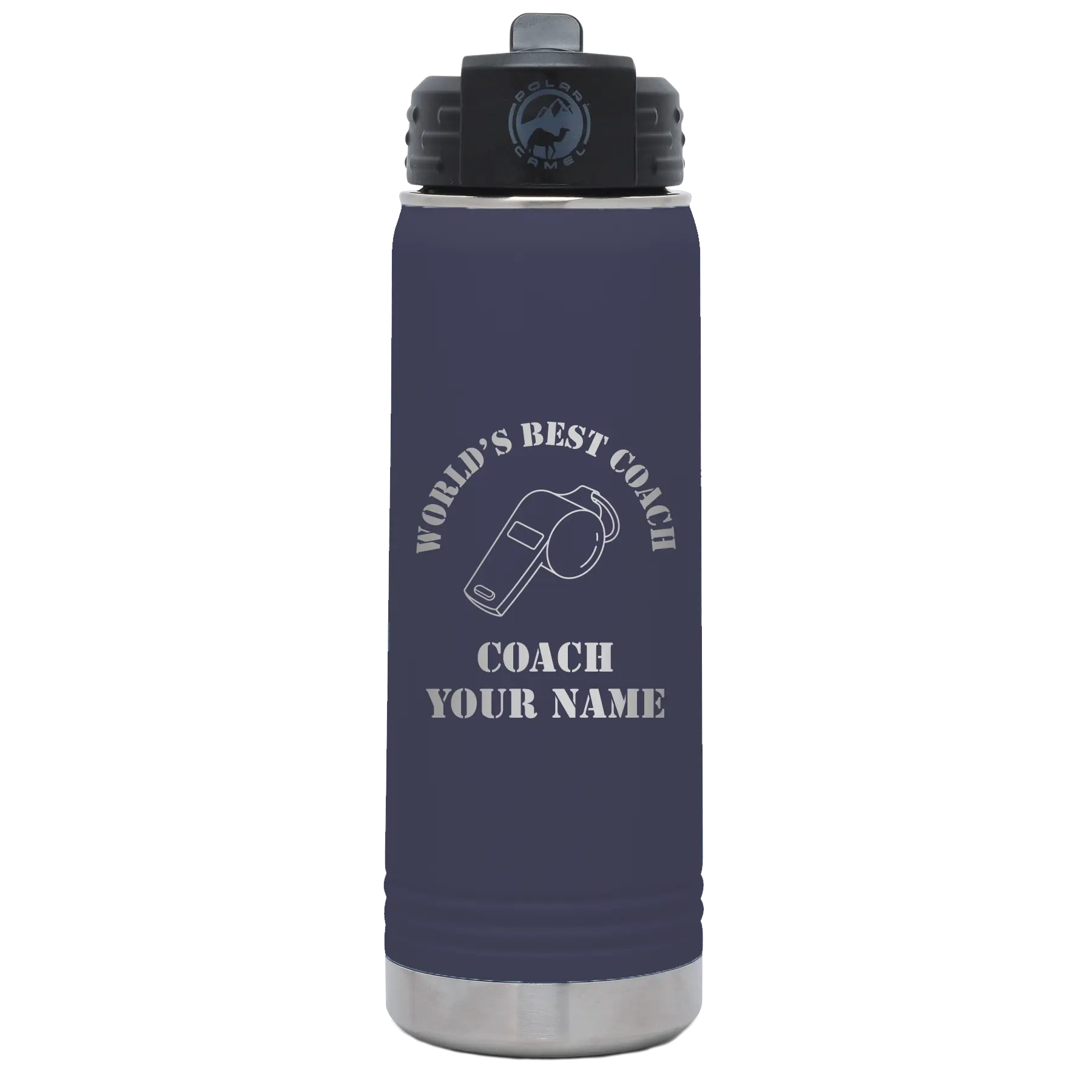 Personalized navy 20 oz vacuum insulated water bottle with 'WORLDS BEST COACH' design