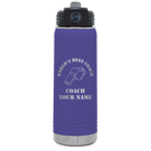 Personalized purple 20 oz vacuum insulated water bottle with 'WORLDS BEST COACH' design