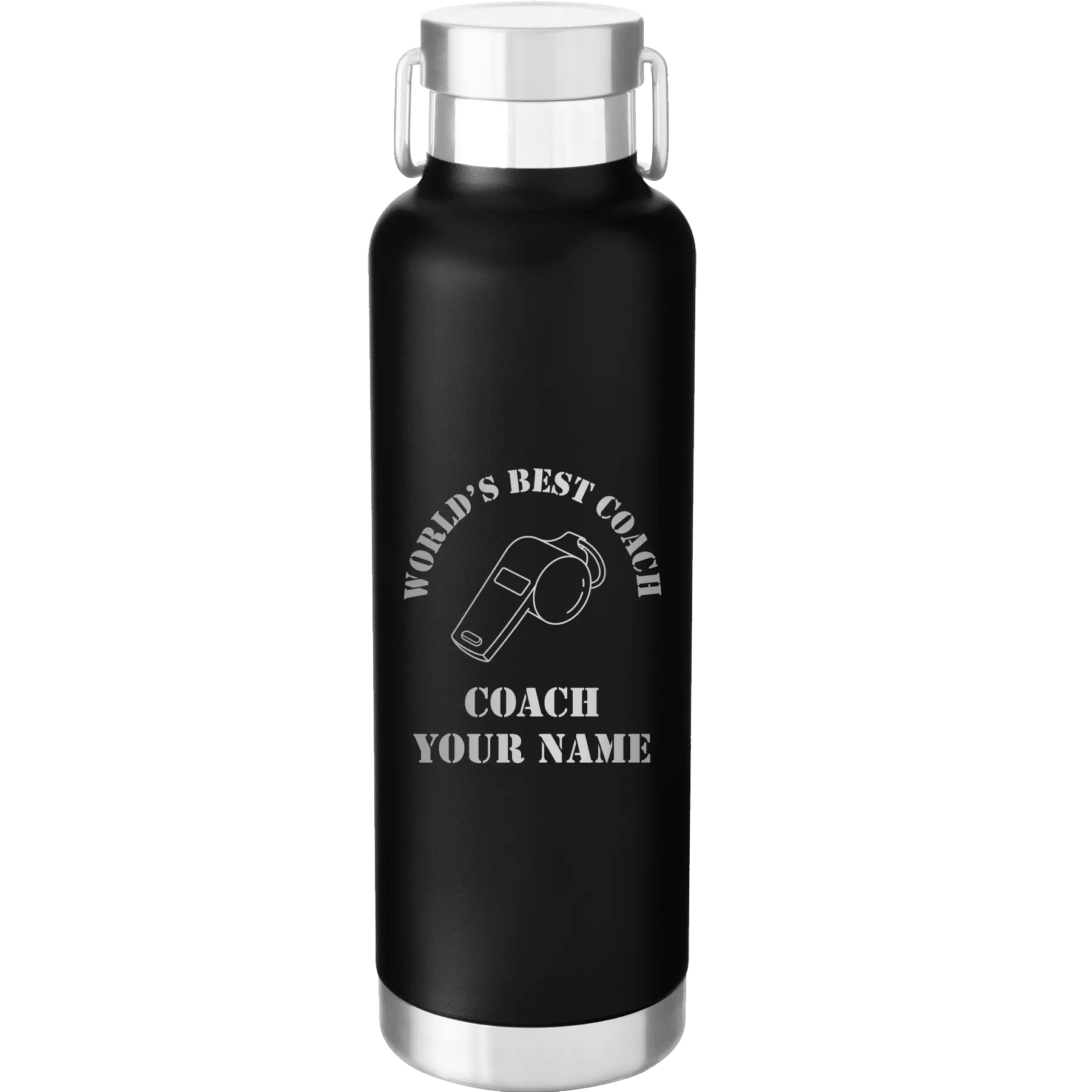 Personalized black 24 oz vacuum insulated water bottle with 'WORLDS BEST COACH' design