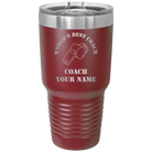Personalized maroon 30 oz vacuum insulated tumbler with 'WORLDS BEST COACH' design