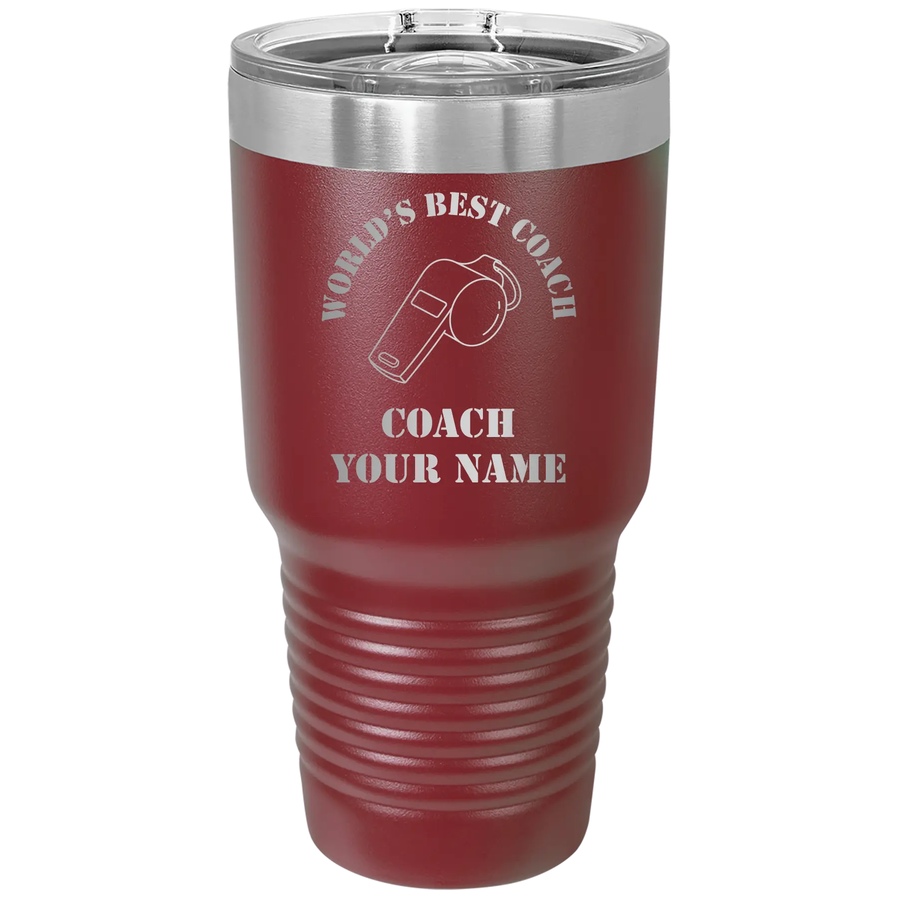 Personalized maroon 30 oz vacuum insulated tumbler with 'WORLDS BEST COACH' design