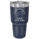 Personalized navy 30 oz vacuum insulated tumbler with 'WORLDS BEST COACH' design