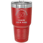 Personalized red 30 oz vacuum insulated tumbler with 'WORLDS BEST COACH' design