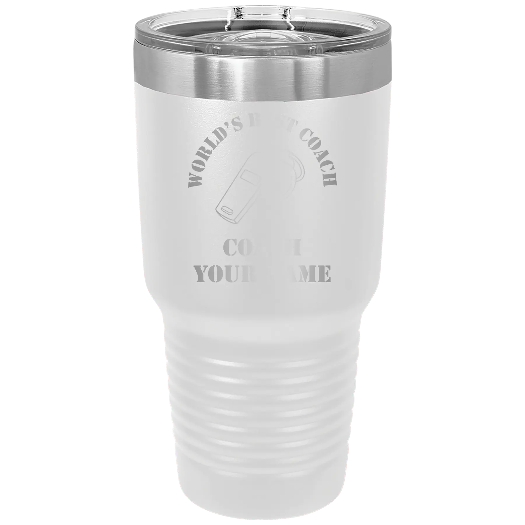 Personalized white 30 oz vacuum insulated tumbler with 'WORLDS BEST COACH' design