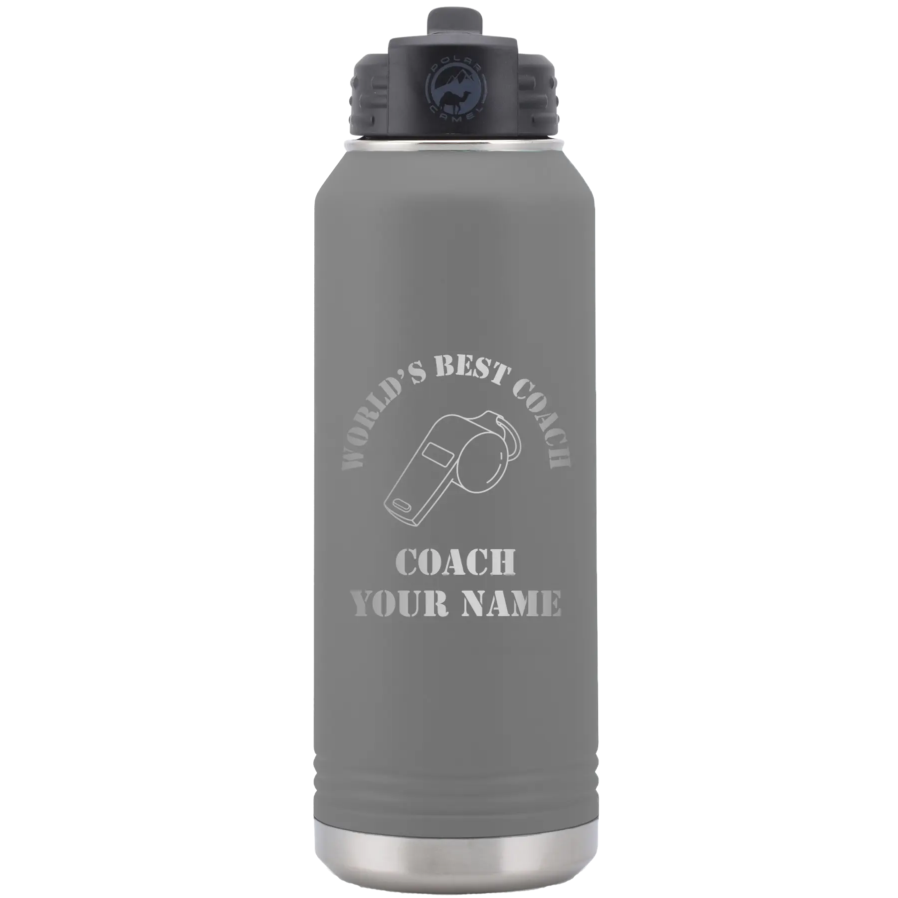 Personalized dark gray 32 oz vacuum insulated water bottle with 'WORLDS BEST COACH' design