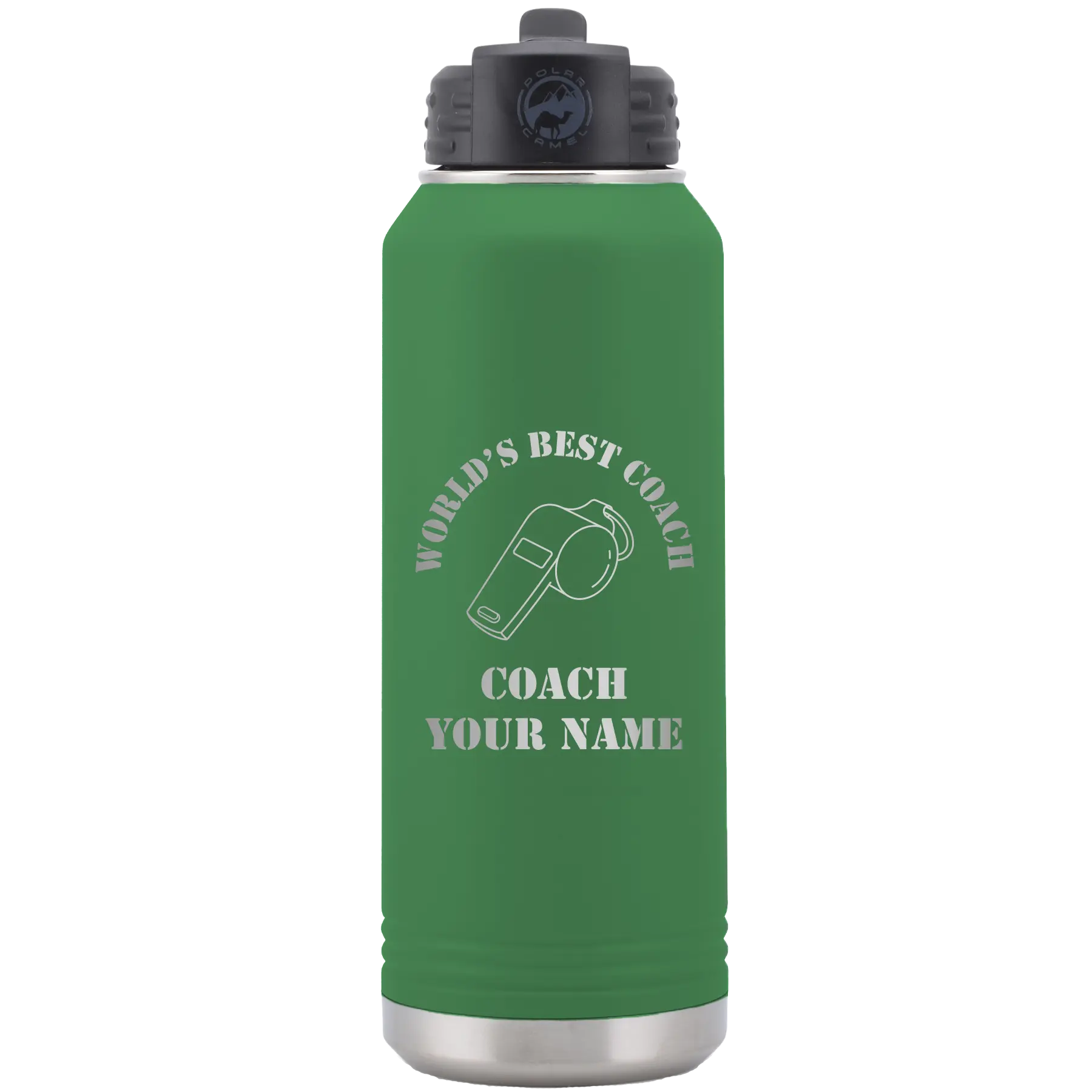 Personalized green 32 oz vacuum insulated water bottle with 'WORLDS BEST COACH' design