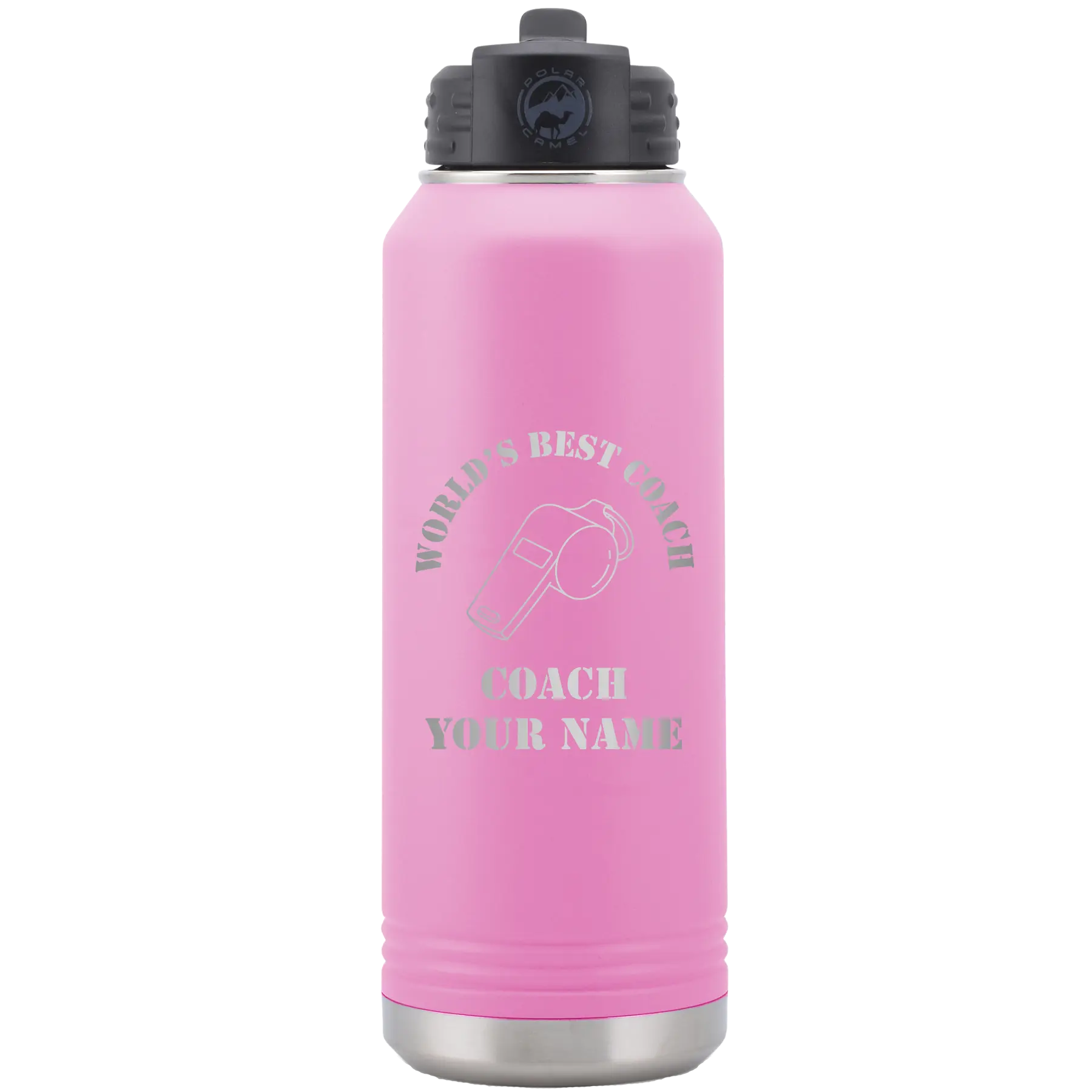 Personalized light purple 32 oz vacuum insulated water bottle with 'WORLDS BEST COACH' design