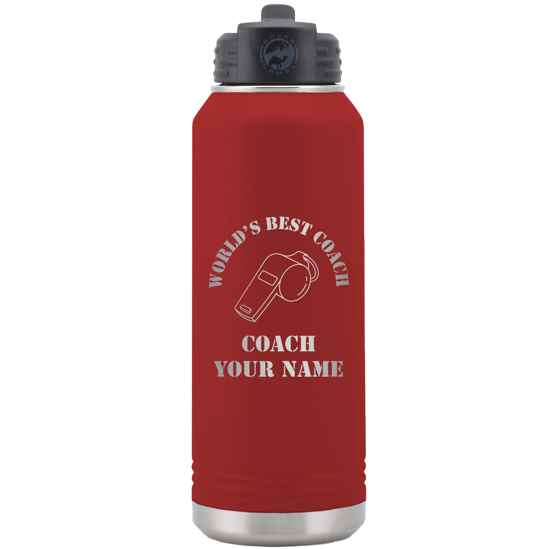 Personalized maroon 32 oz vacuum insulated water bottle with 'WORLDS BEST COACH' design