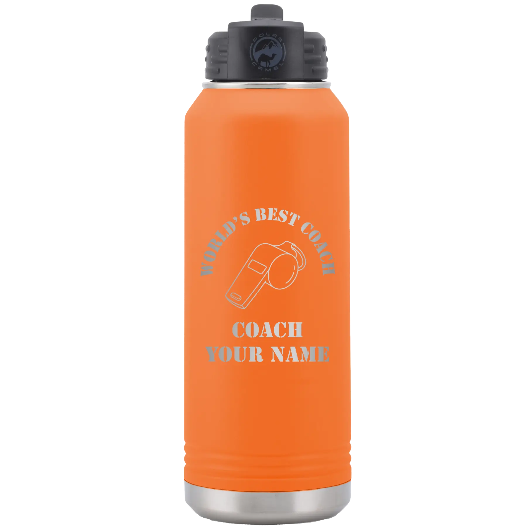 Personalized orange 32 oz vacuum insulated water bottle with 'WORLDS BEST COACH' design