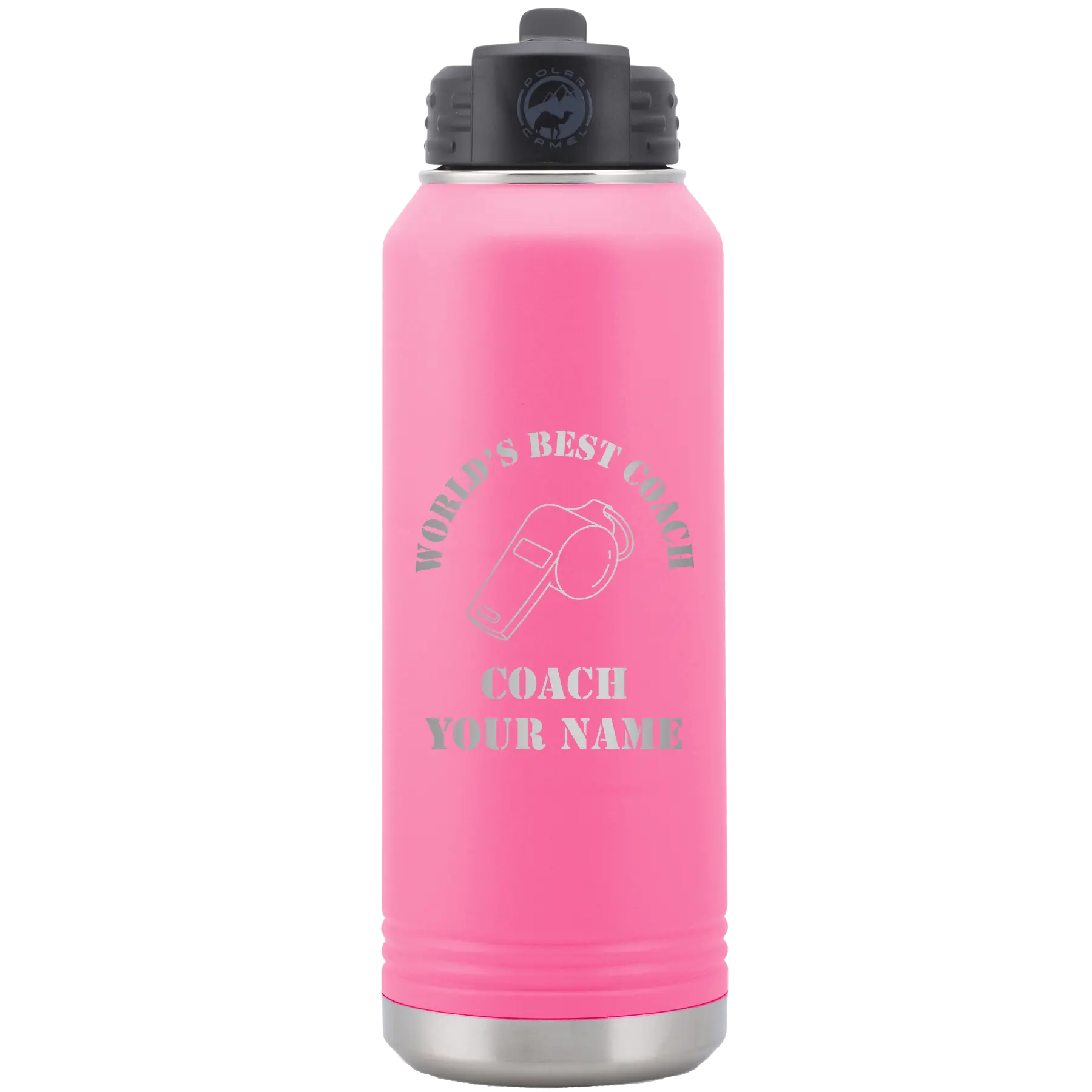 Personalized pink 32 oz vacuum insulated water bottle with 'WORLDS BEST COACH' design