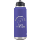 Personalized purple 32 oz vacuum insulated water bottle with 'WORLDS BEST COACH' design