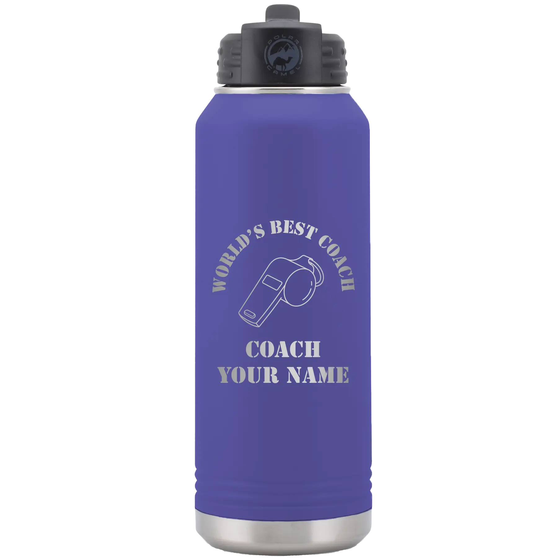 Personalized purple 32 oz vacuum insulated water bottle with 'WORLDS BEST COACH' design