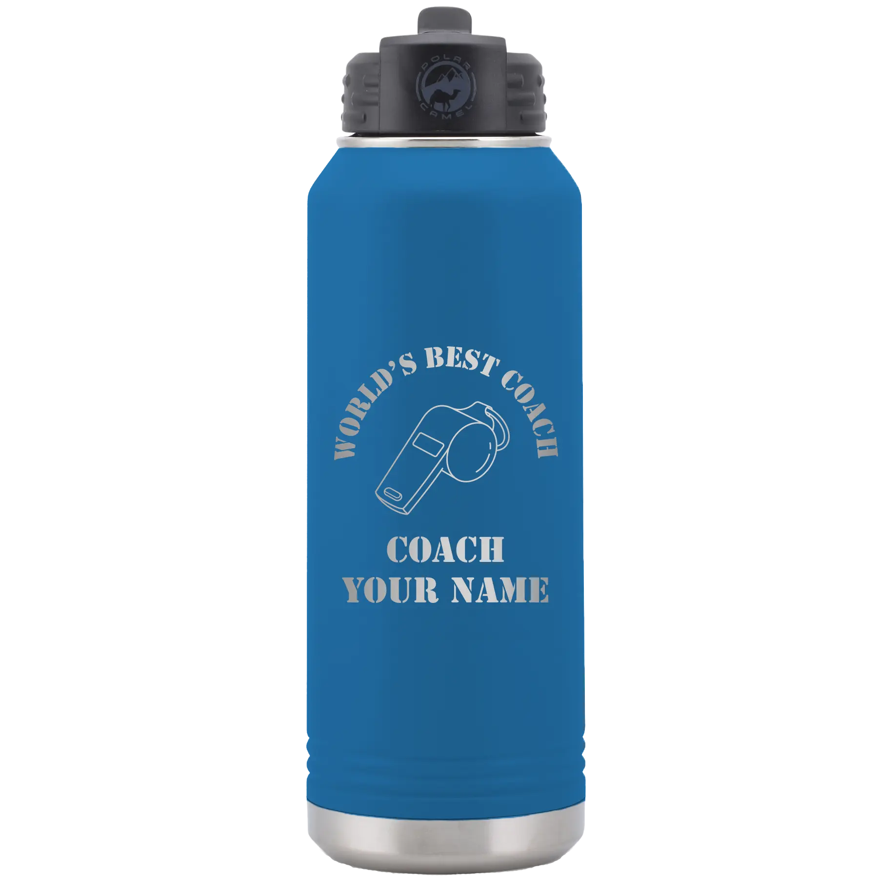 Personalized royal blue 32 oz vacuum insulated water bottle with 'WORLDS BEST COACH' design
