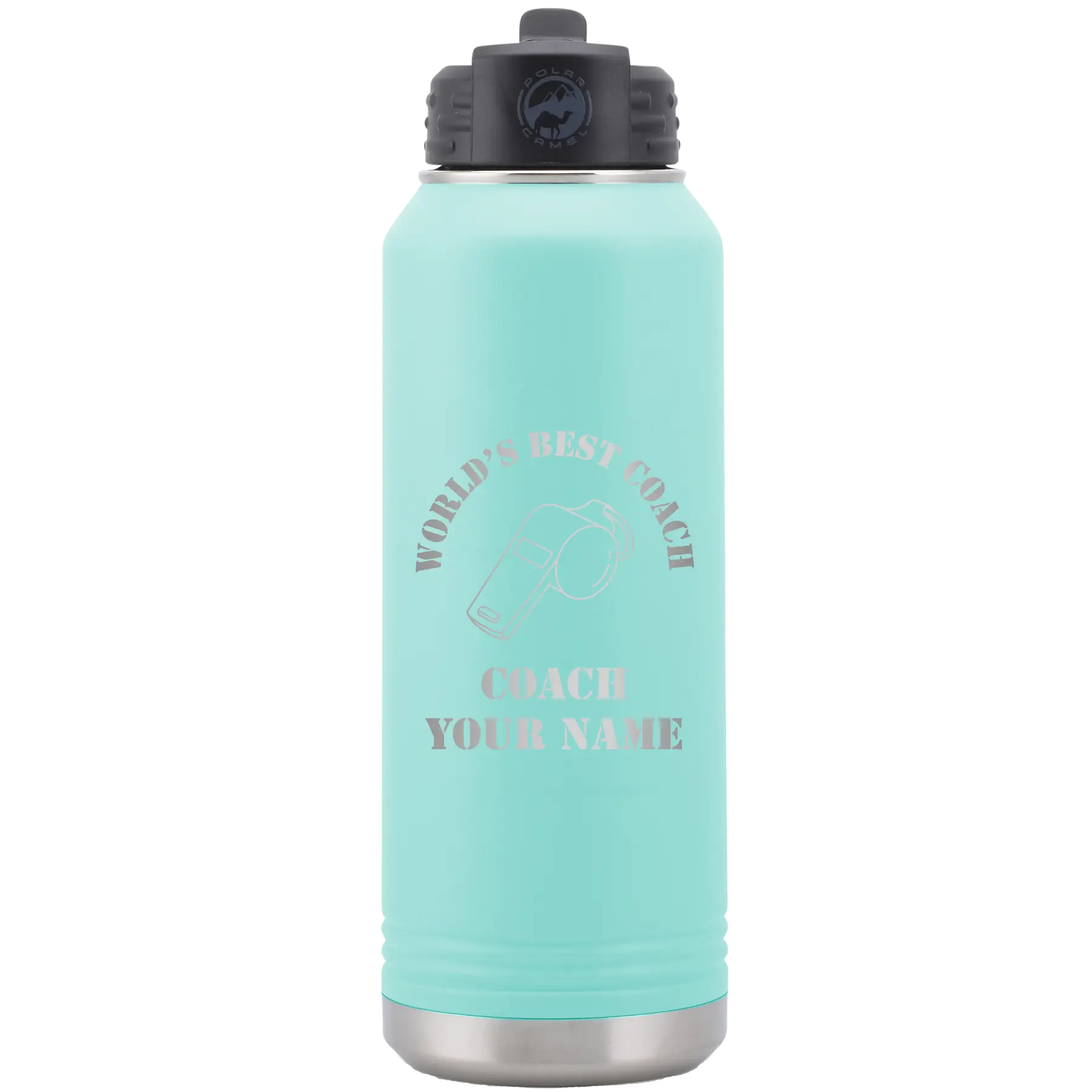 Personalized teal 32 oz vacuum insulated water bottle with 'WORLDS BEST COACH' design