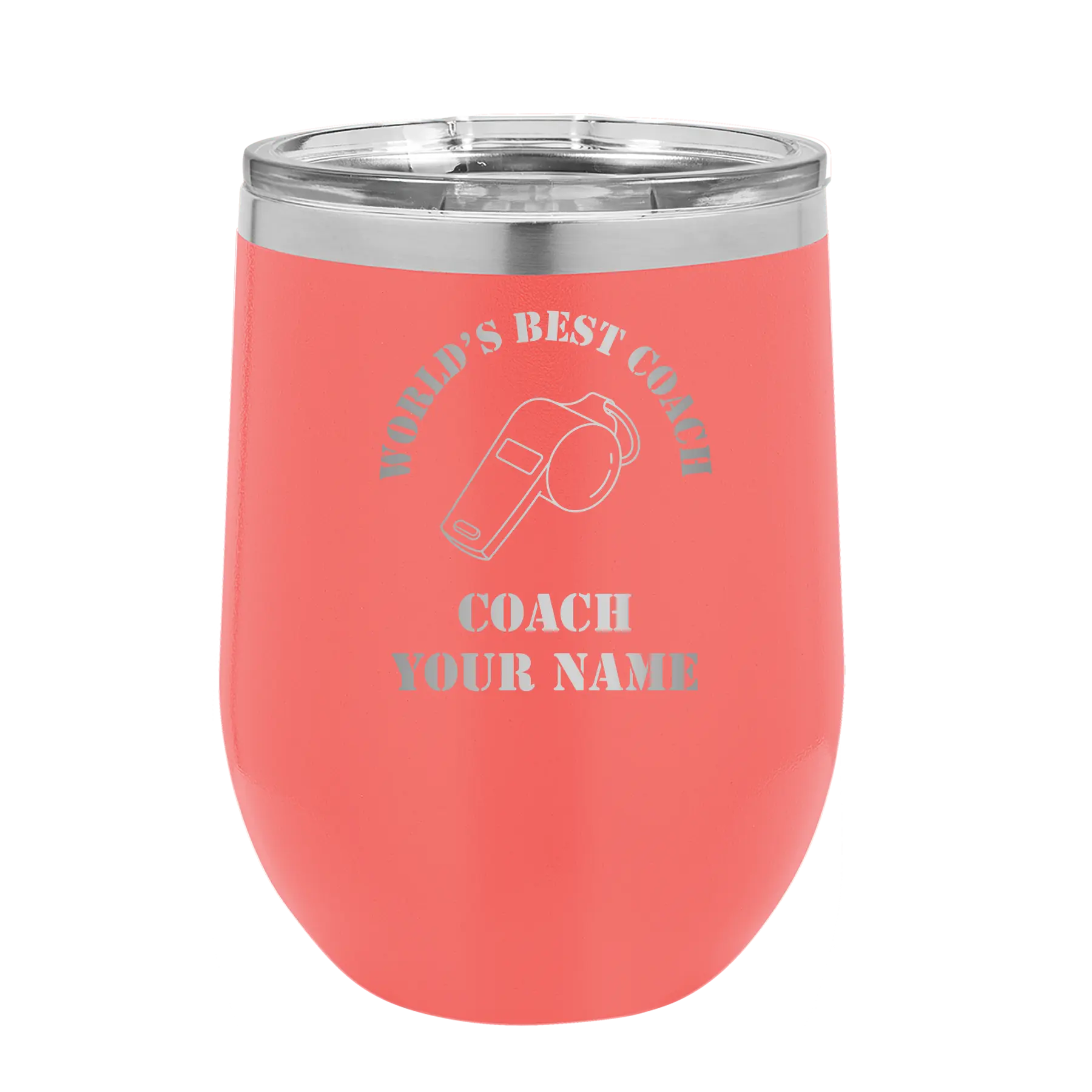 Personalized coral 12 oz vacuum insulated wine cup with 'WORLDS BEST COACH' design