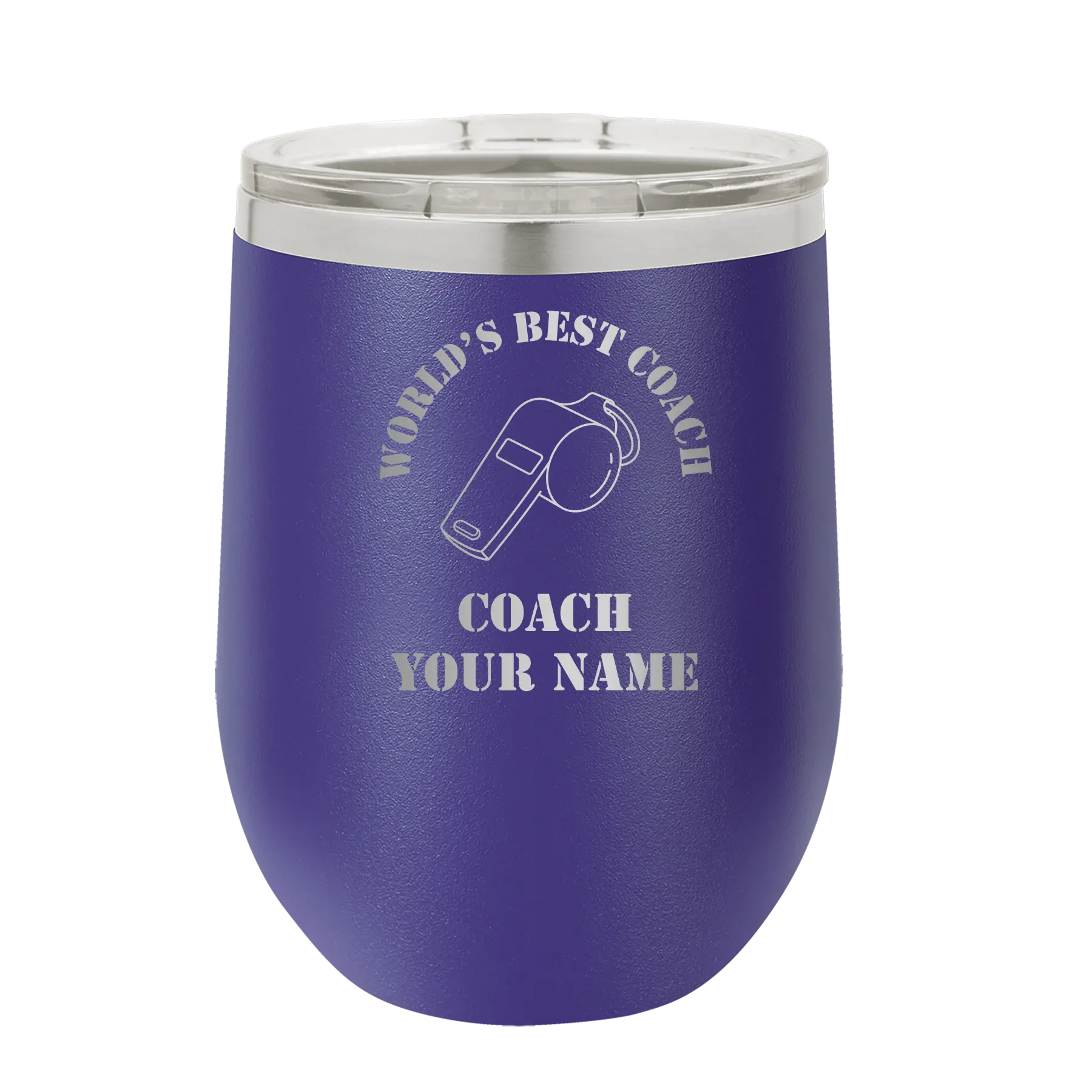 Personalized purple 12 oz vacuum insulated wine cup with 'WORLDS BEST COACH' design