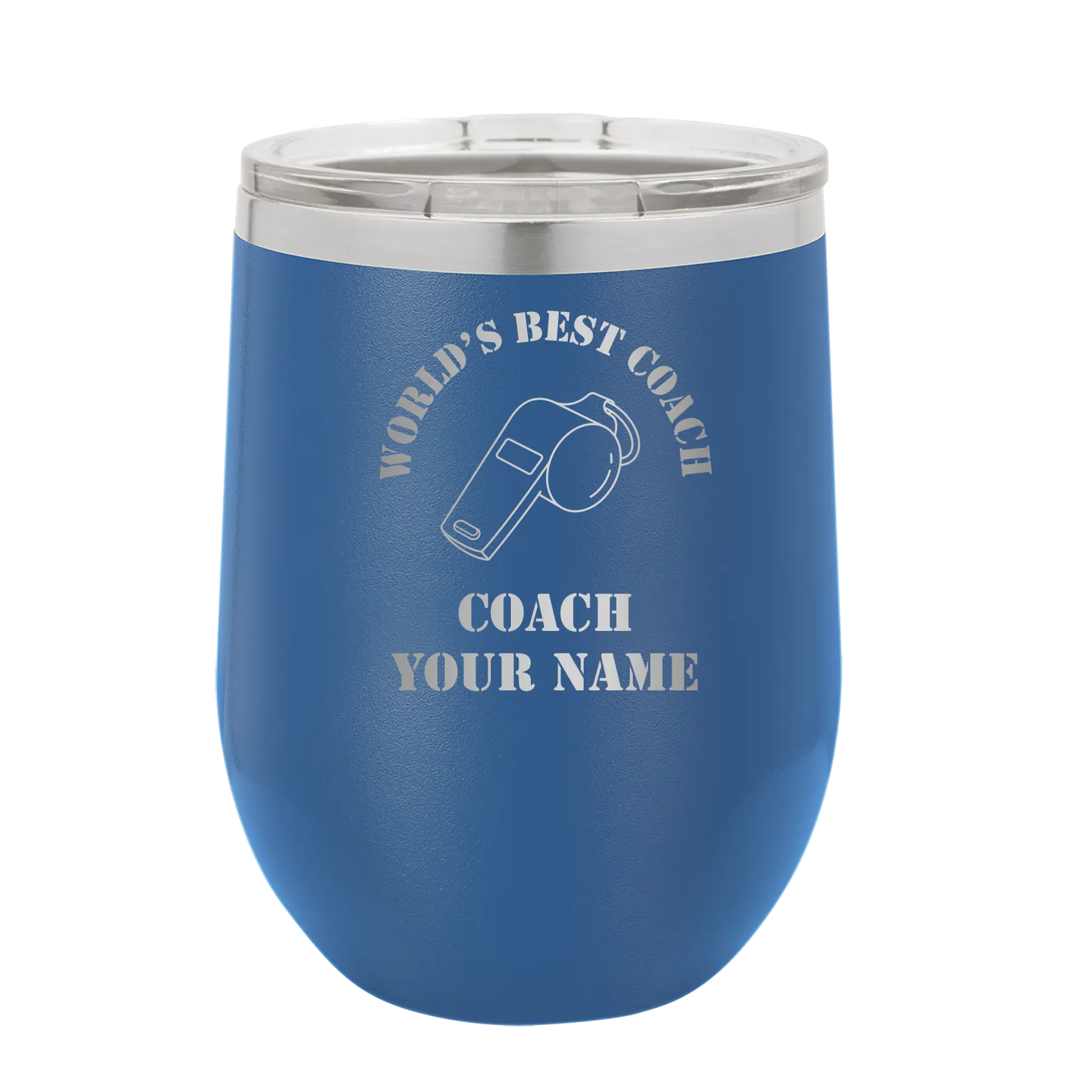 Personalized royal blue 12 oz vacuum insulated wine cup with 'WORLDS BEST COACH' design