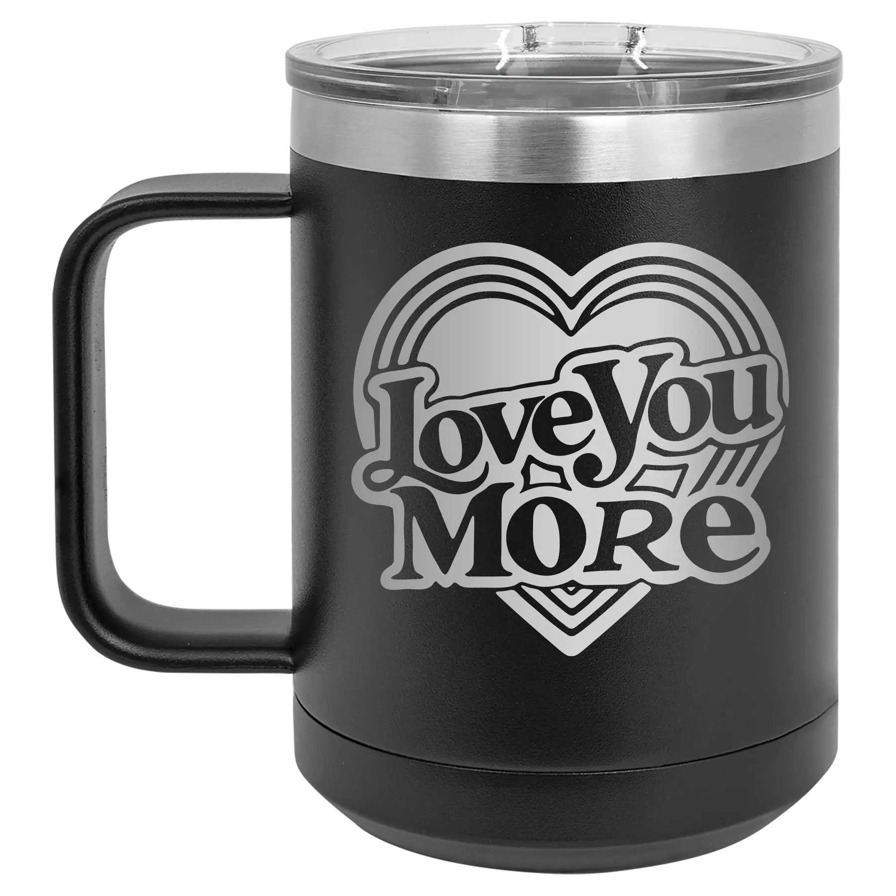 Laser etched black 15 oz vacuum insulated coffee mug with 'Love You More Retro' design