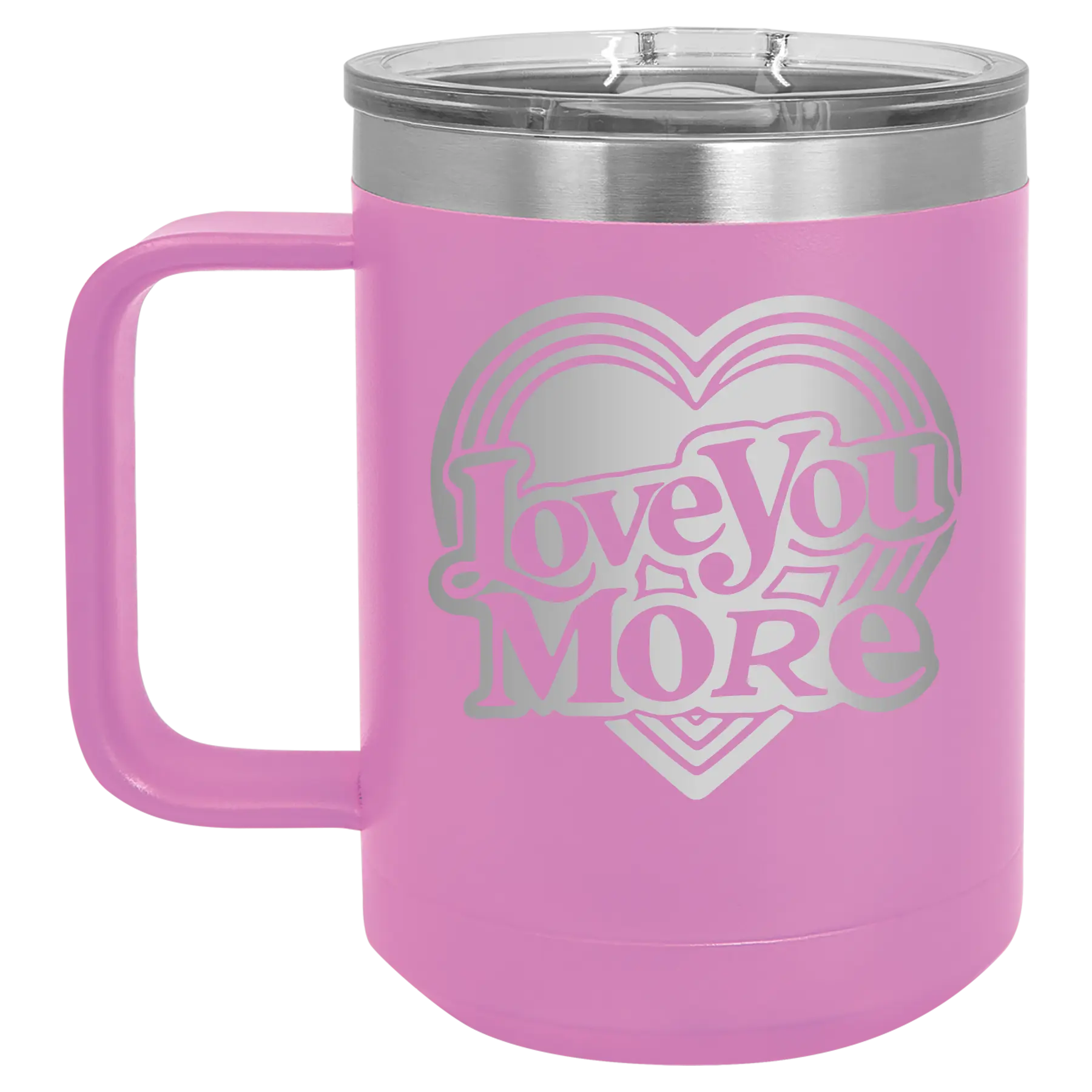 Laser etched light purple 15 oz vacuum insulated coffee mug with 'Love You More Retro' design