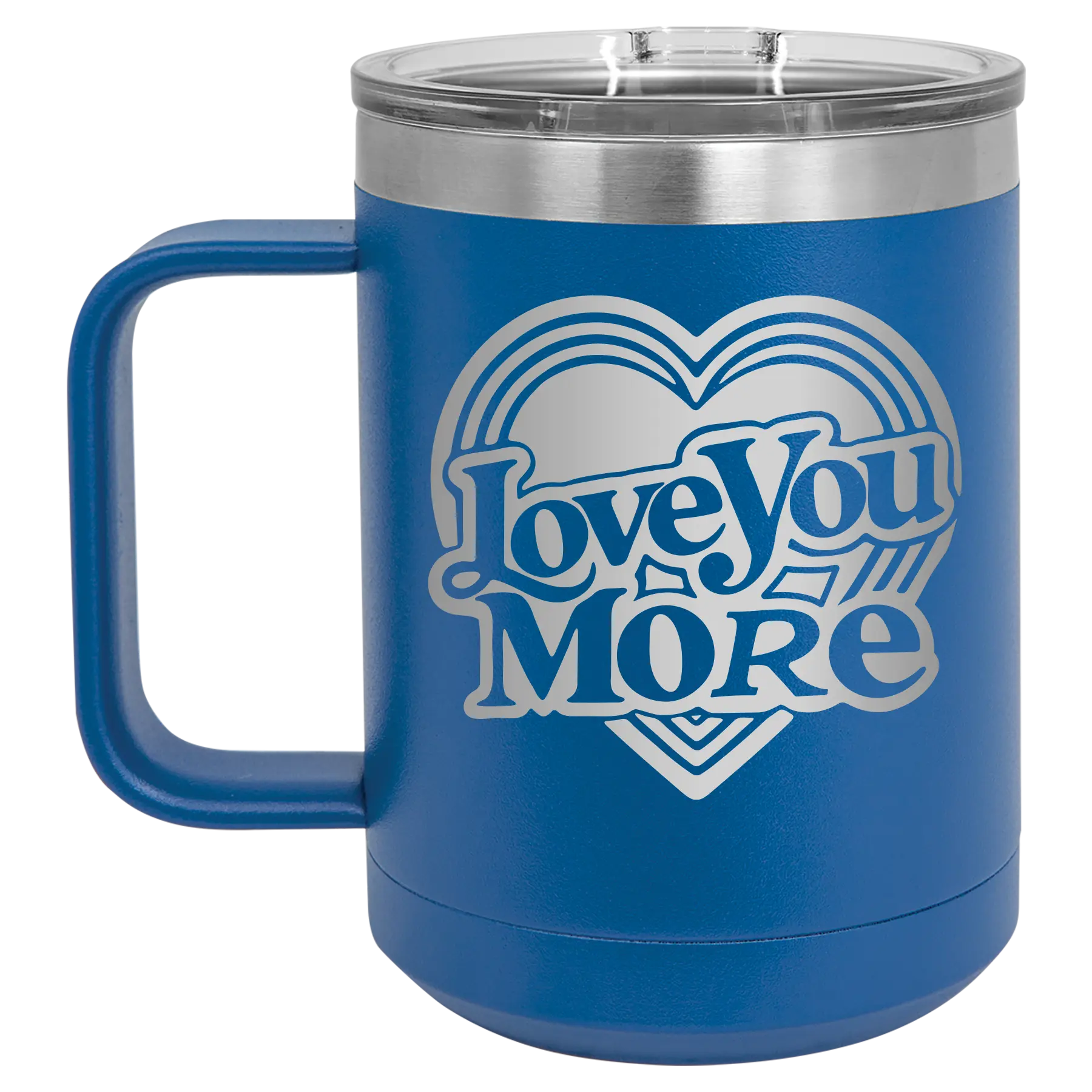 Laser etched royal blue 15 oz vacuum insulated coffee mug with 'Love You More Retro' design