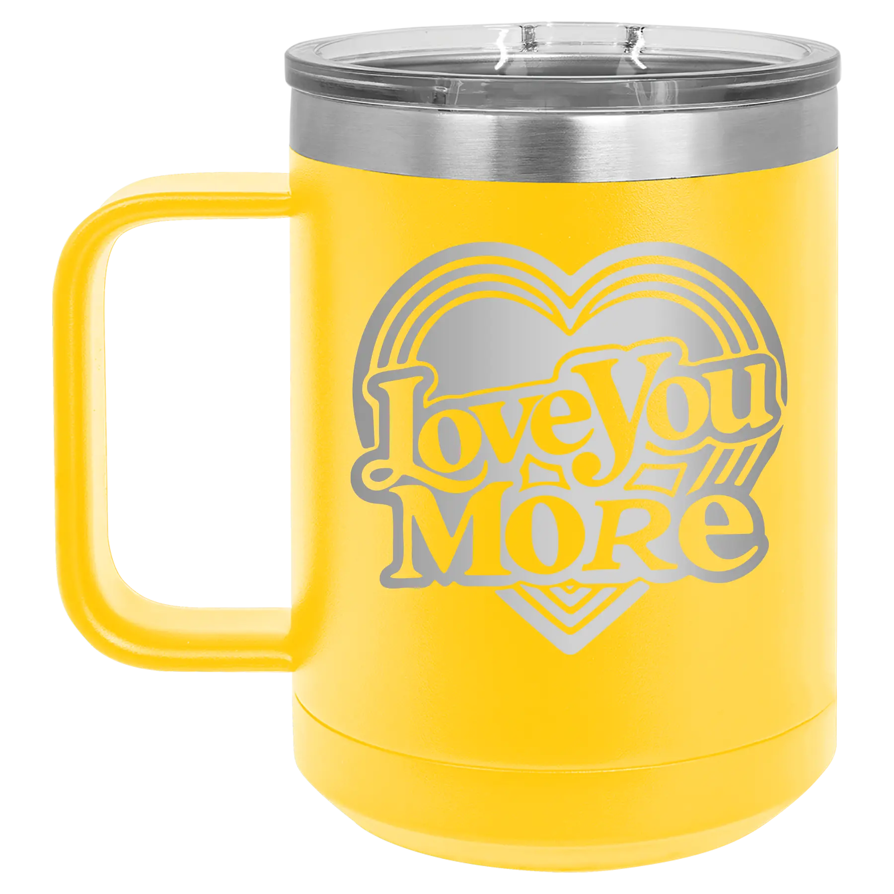 Laser etched yellow 15 oz vacuum insulated coffee mug with 'Love You More Retro' design