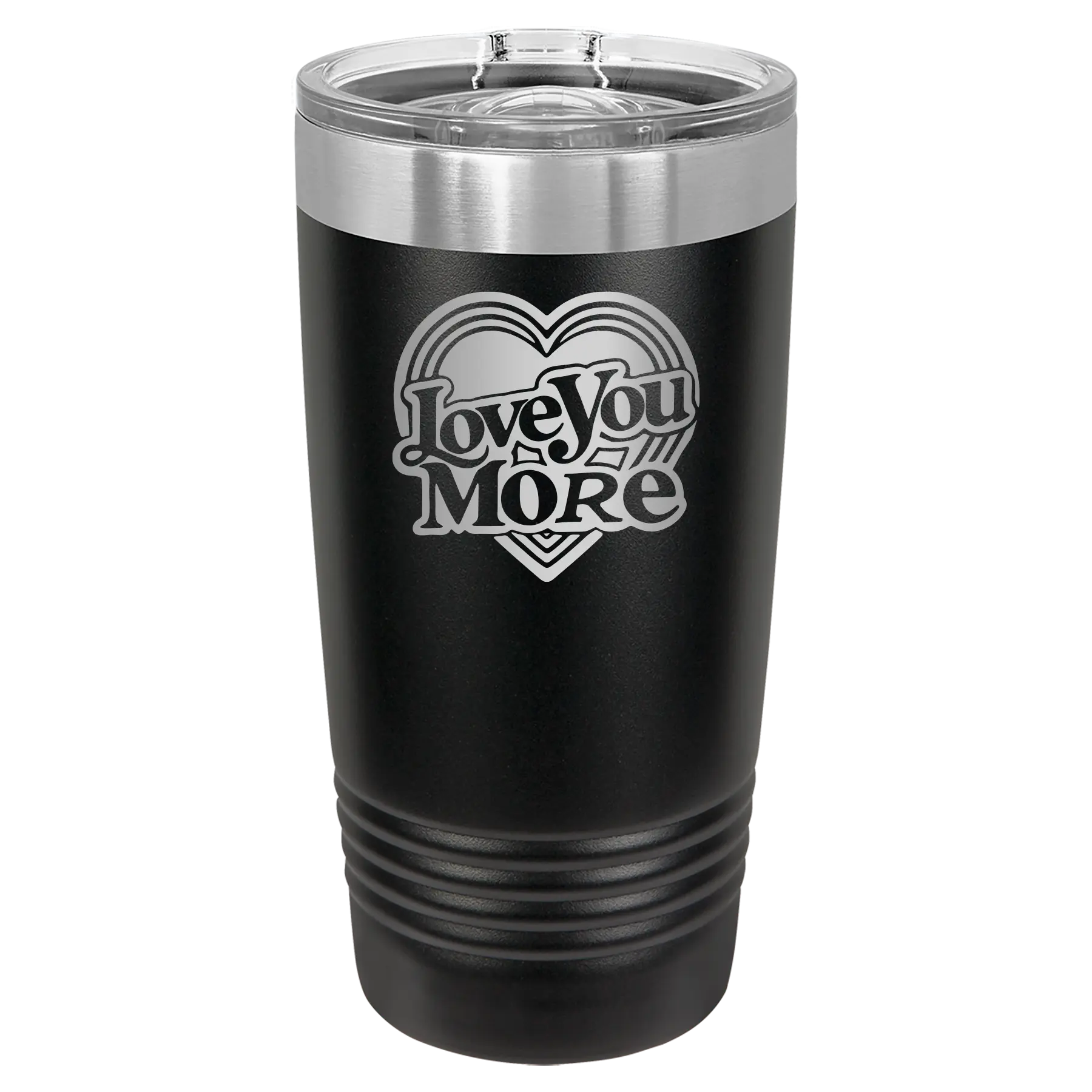 Laser etched black 20 oz vacuum insulated tumbler with 'Love You More Retro' design