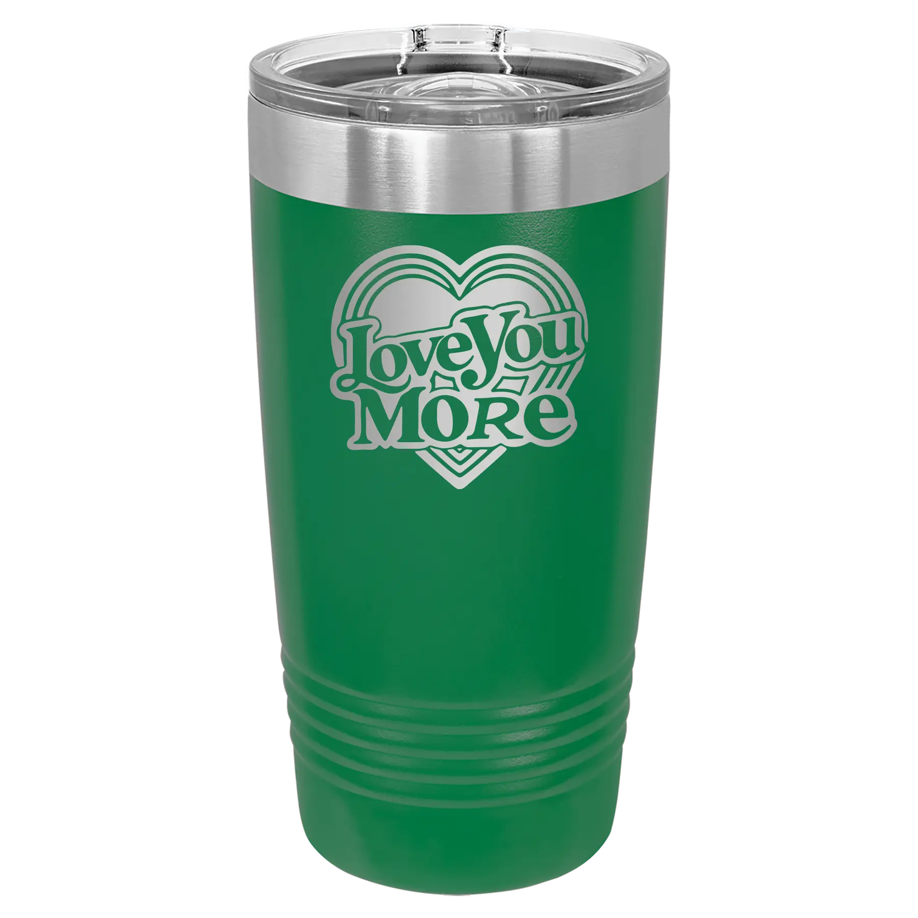 Laser etched green 20 oz vacuum insulated tumbler with 'Love You More Retro' design