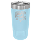 Laser etched light blue 20 oz vacuum insulated tumbler with 'Love You More Retro' design