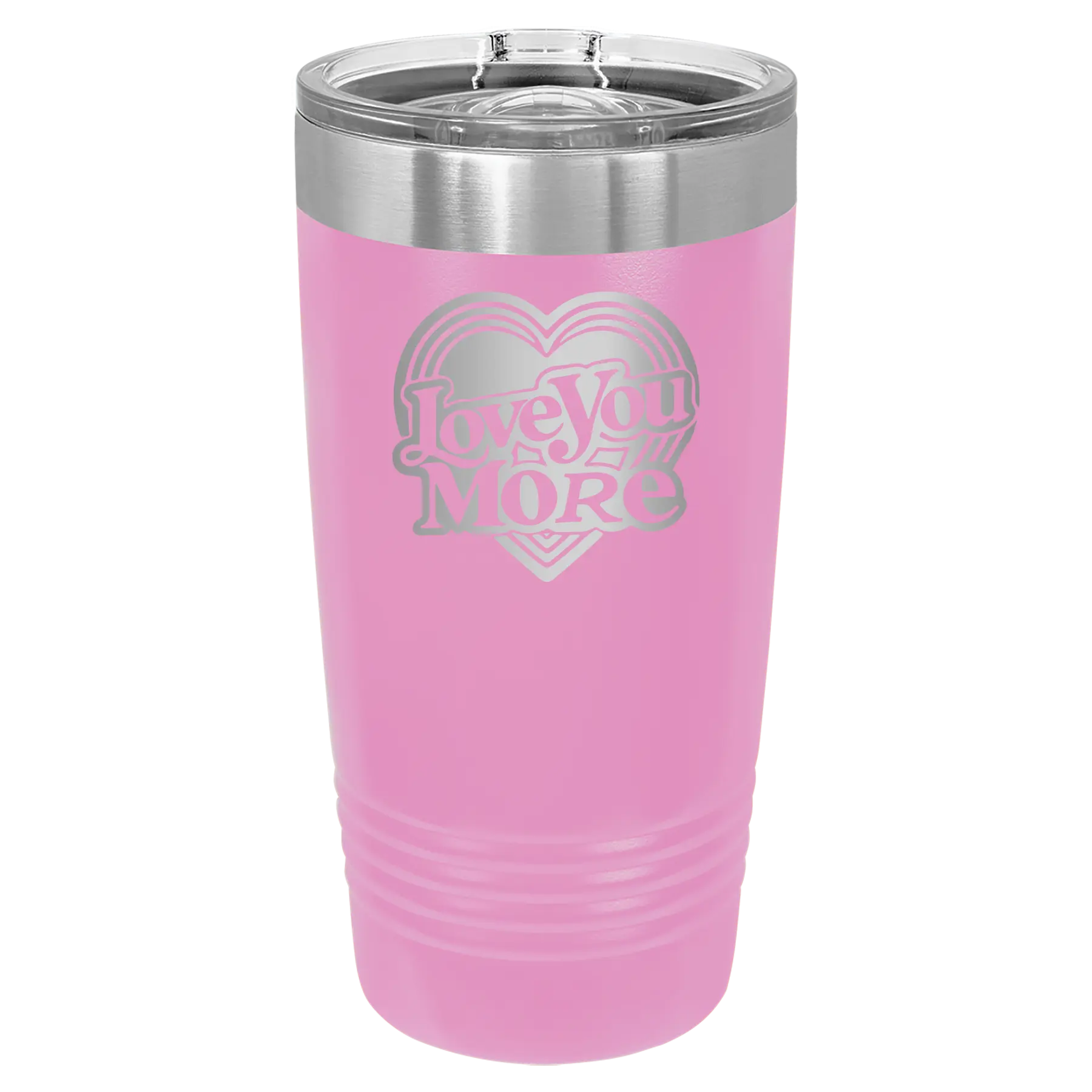 Laser etched light purple 20 oz vacuum insulated tumbler with 'Love You More Retro' design