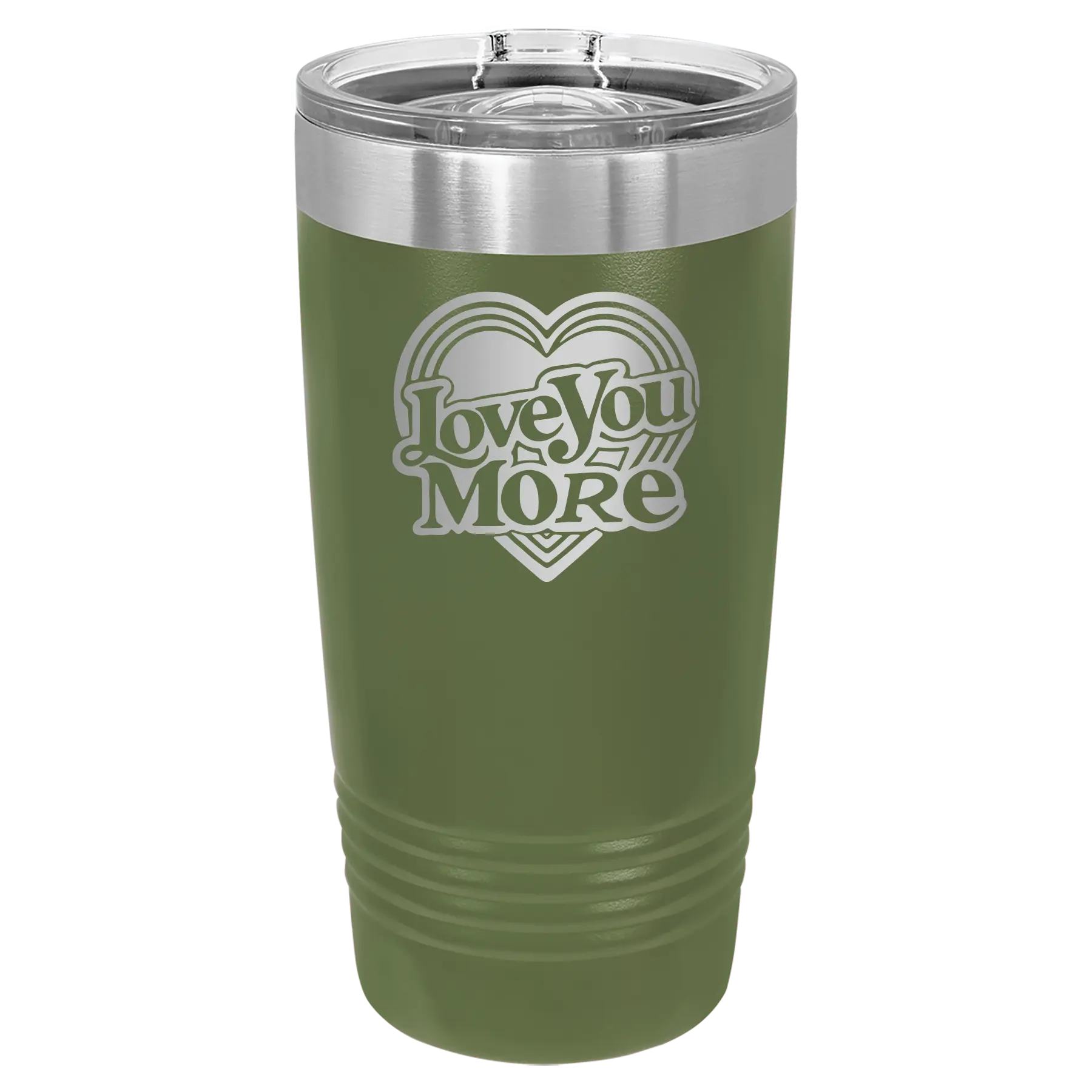 Laser etched olive green 20 oz vacuum insulated tumbler with 'Love You More Retro' design