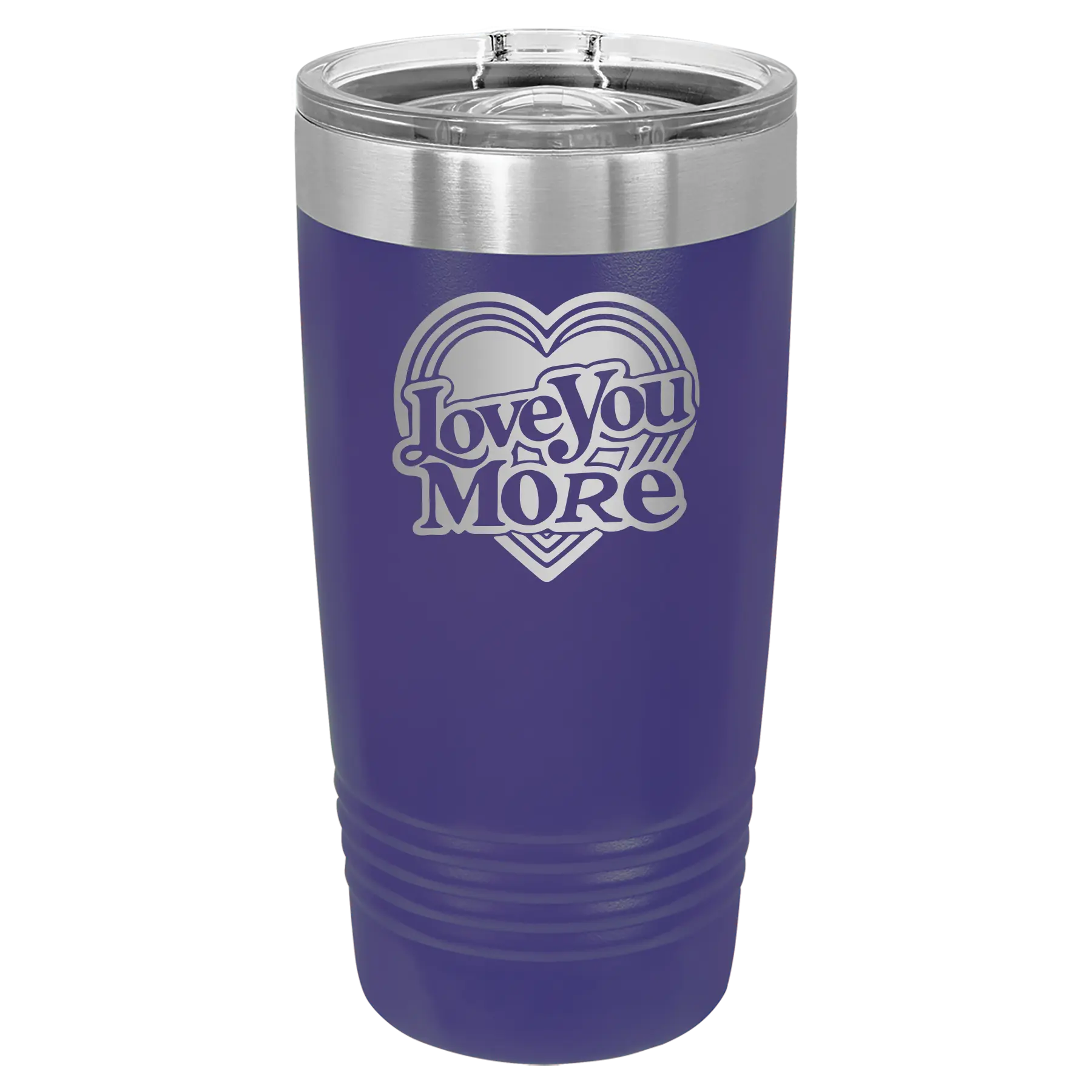 Laser etched purple 20 oz vacuum insulated tumbler with 'Love You More Retro' design