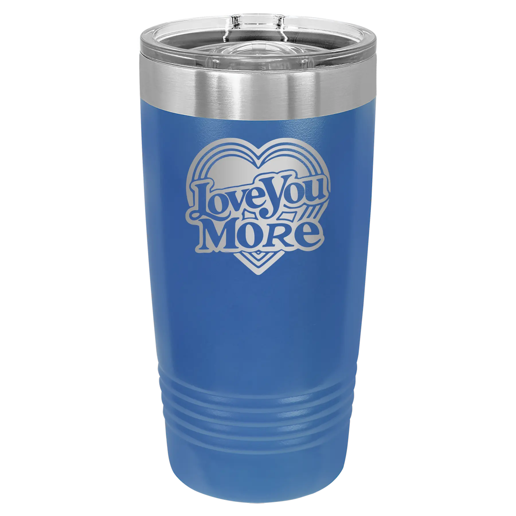 Laser etched royal blue 20 oz vacuum insulated tumbler with 'Love You More Retro' design