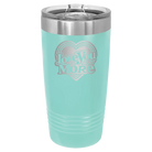 Laser etched teal 20 oz vacuum insulated tumbler with 'Love You More Retro' design