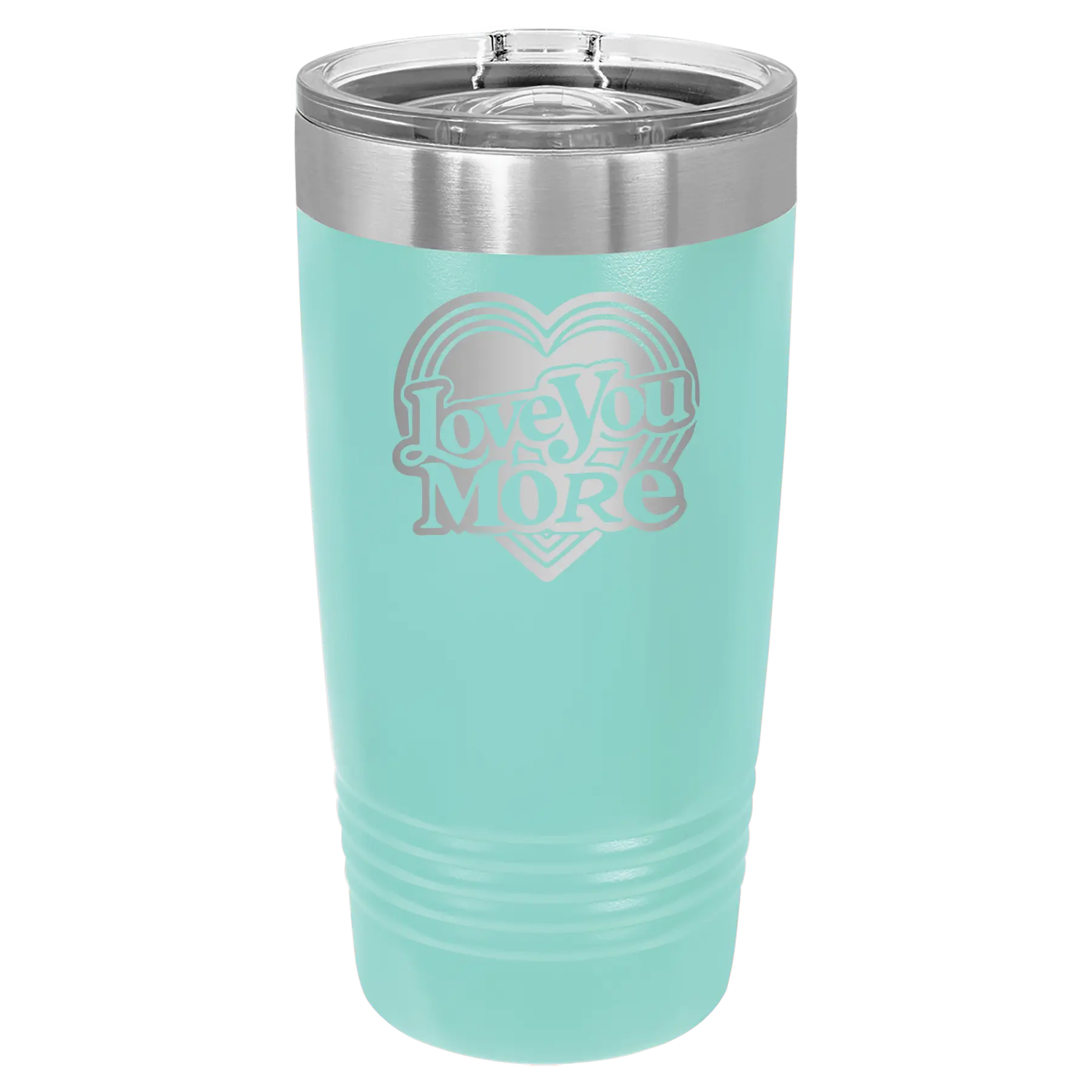 Laser etched teal 20 oz vacuum insulated tumbler with 'Love You More Retro' design