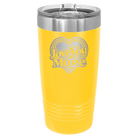 Laser etched yellow 20 oz vacuum insulated tumbler with 'Love You More Retro' design
