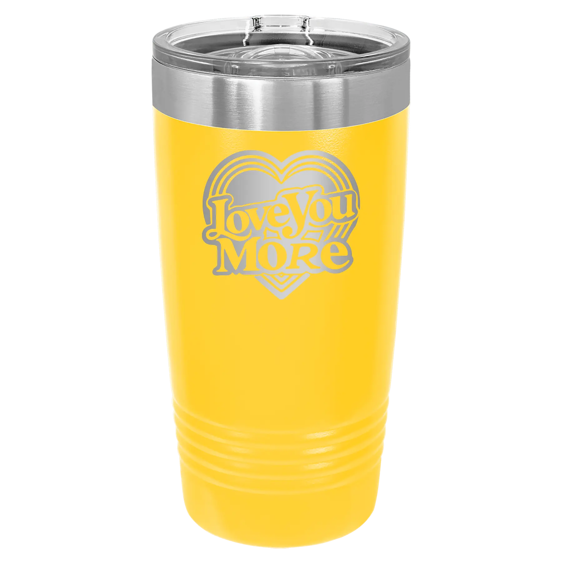 Laser etched yellow 20 oz vacuum insulated tumbler with 'Love You More Retro' design