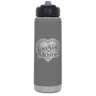 Laser etched dark gray 20 oz vacuum insulated water bottle with 'Love You More Retro' design