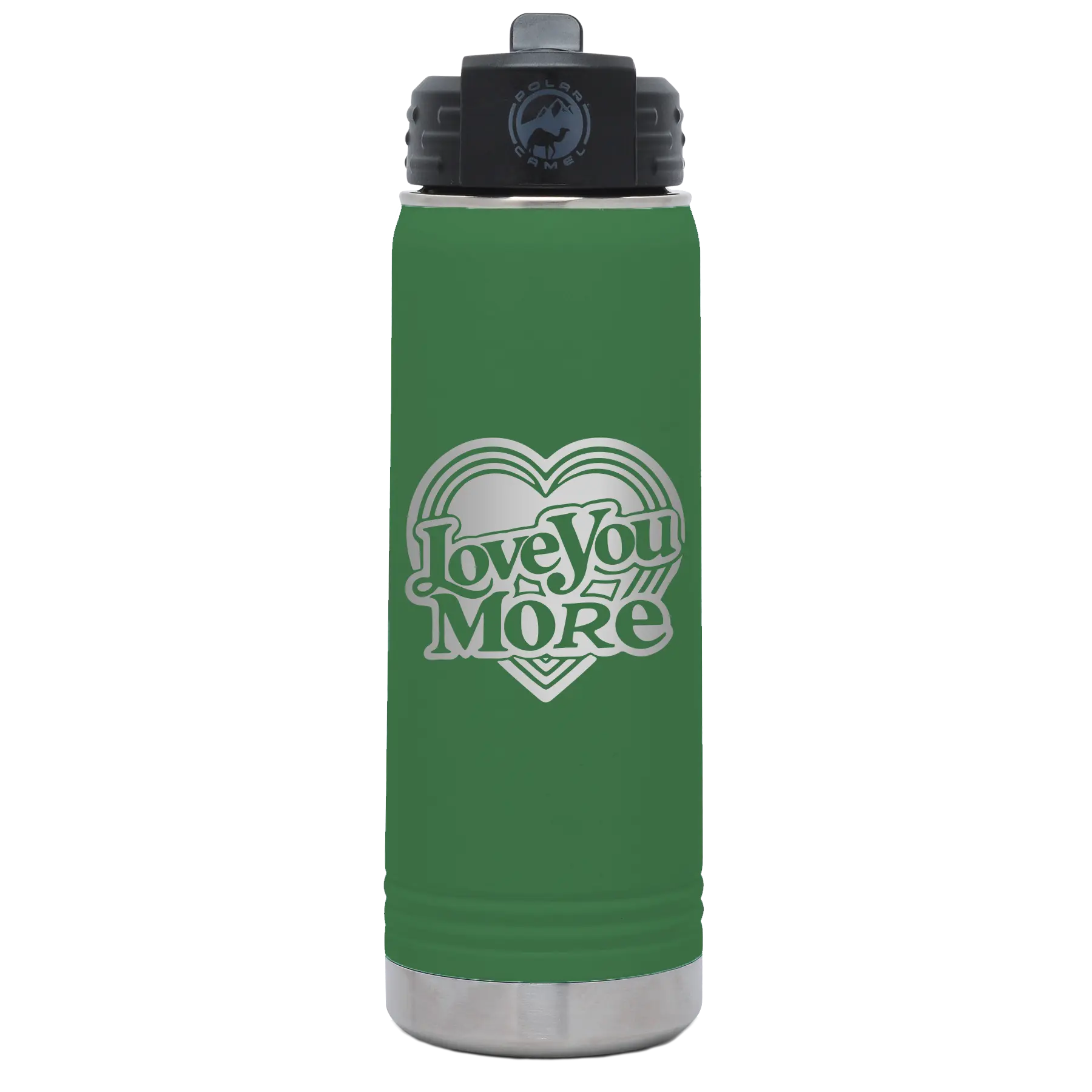 Laser etched green 20 oz vacuum insulated water bottle with 'Love You More Retro' design