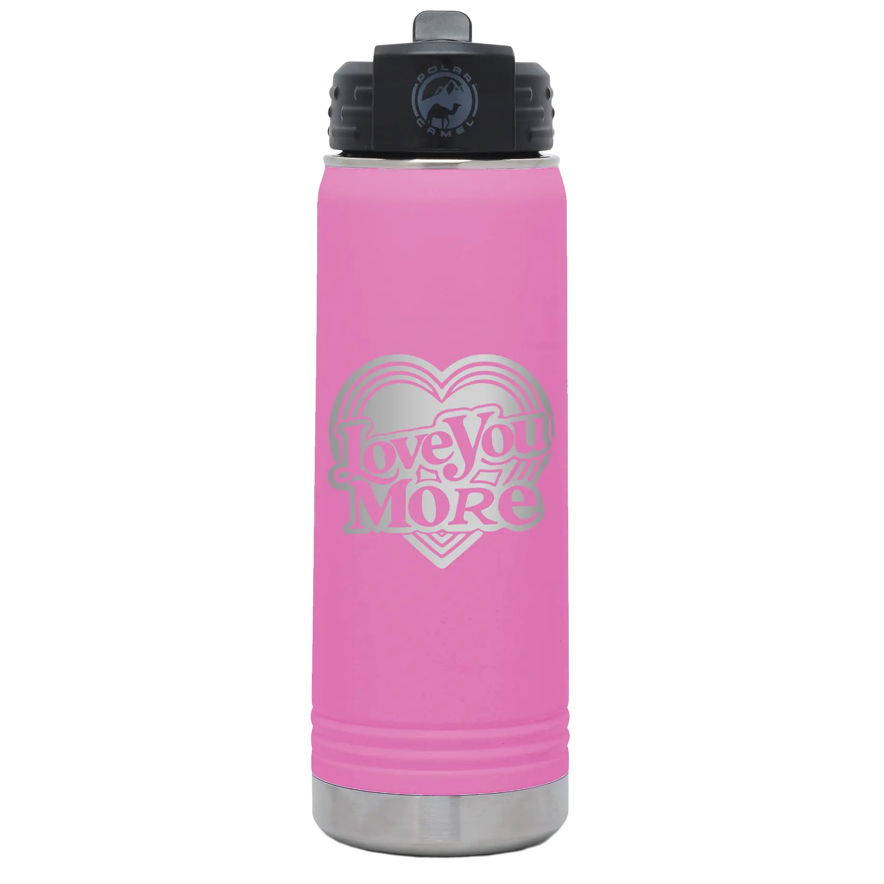Laser etched light purple 20 oz vacuum insulated water bottle with 'Love You More Retro' design
