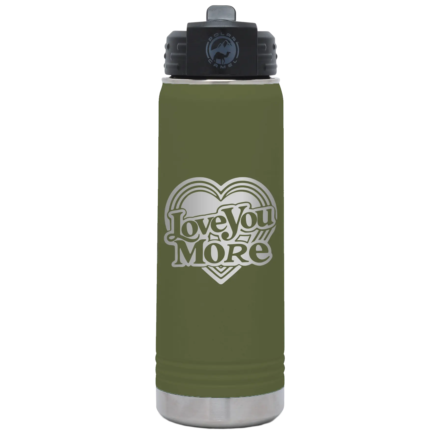 Laser etched olive green 20 oz vacuum insulated water bottle with 'Love You More Retro' design