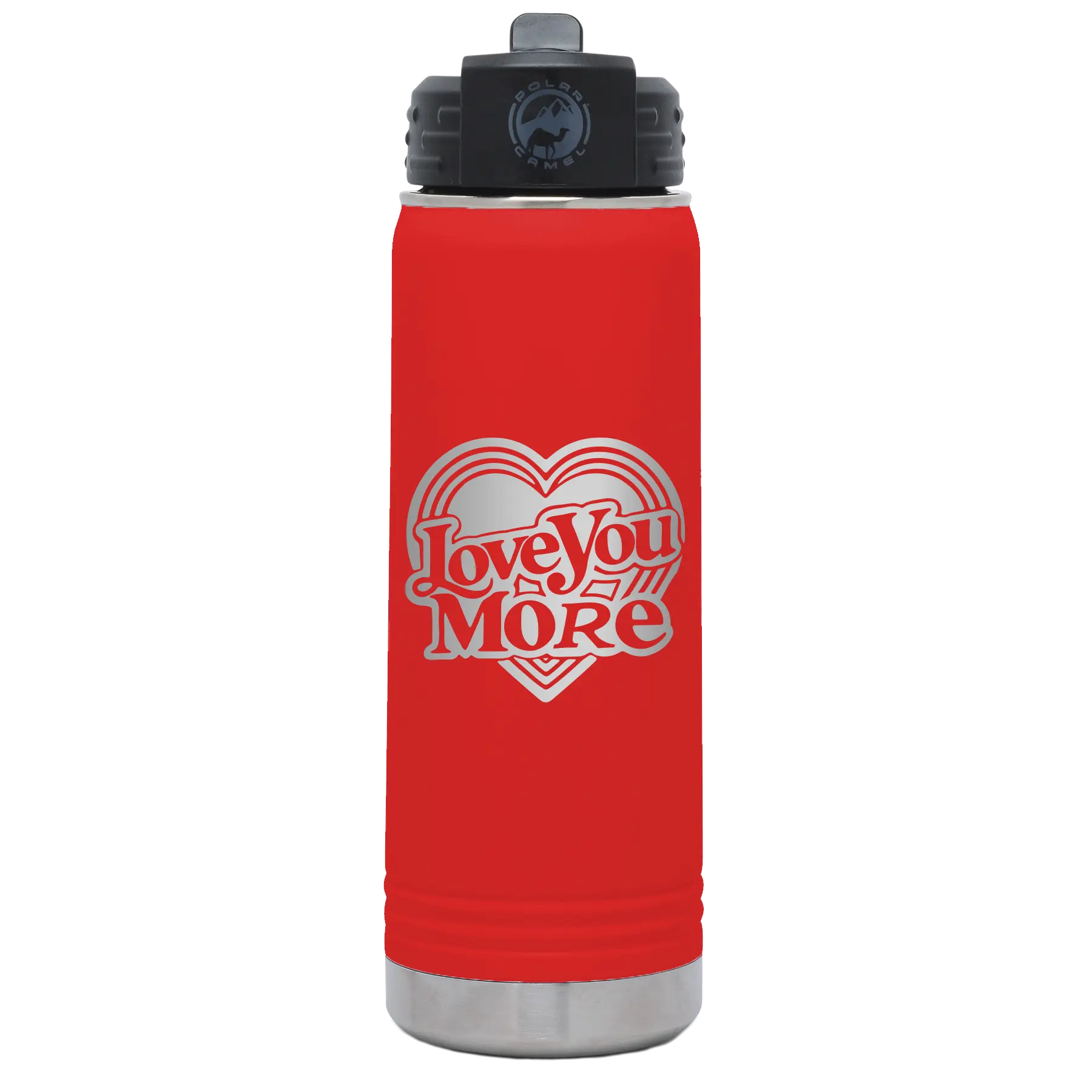Laser etched red 20 oz vacuum insulated water bottle with 'Love You More Retro' design