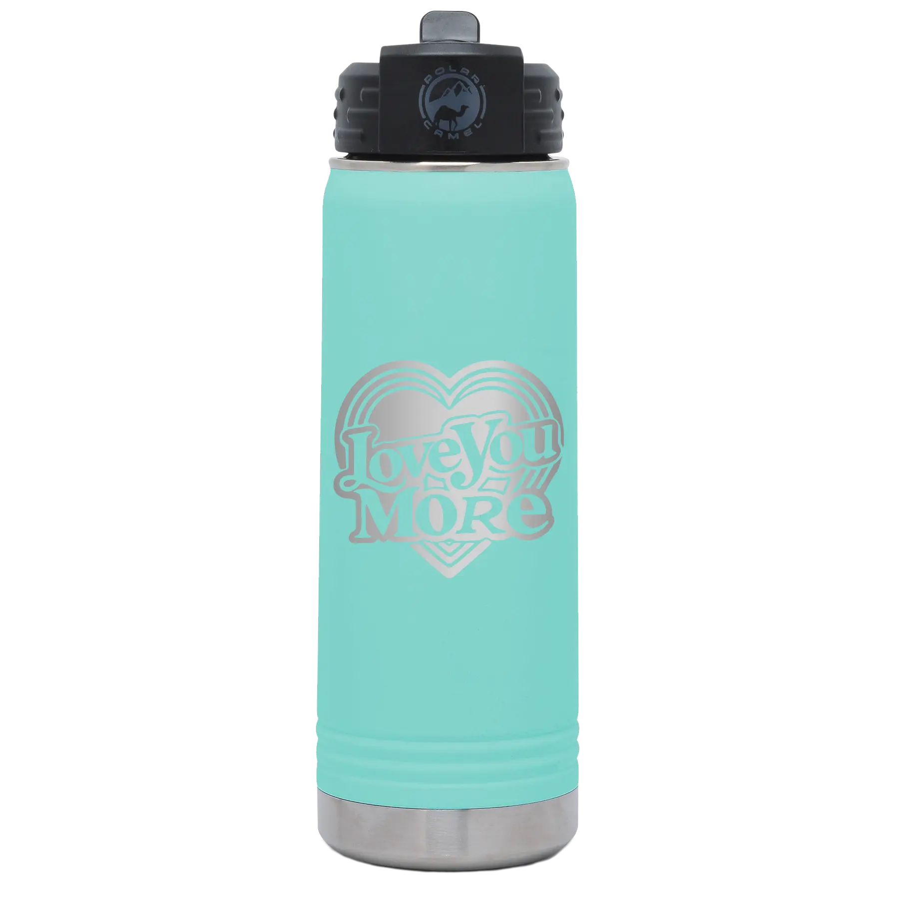 Laser etched teal 20 oz vacuum insulated water bottle with 'Love You More Retro' design