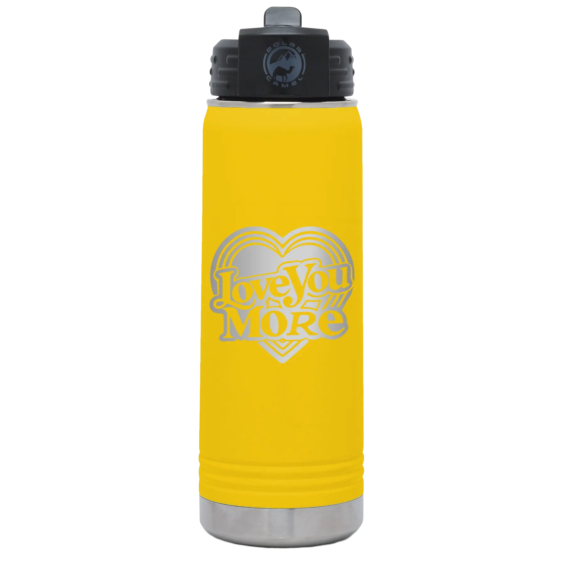 Laser etched yellow 20 oz vacuum insulated water bottle with 'Love You More Retro' design