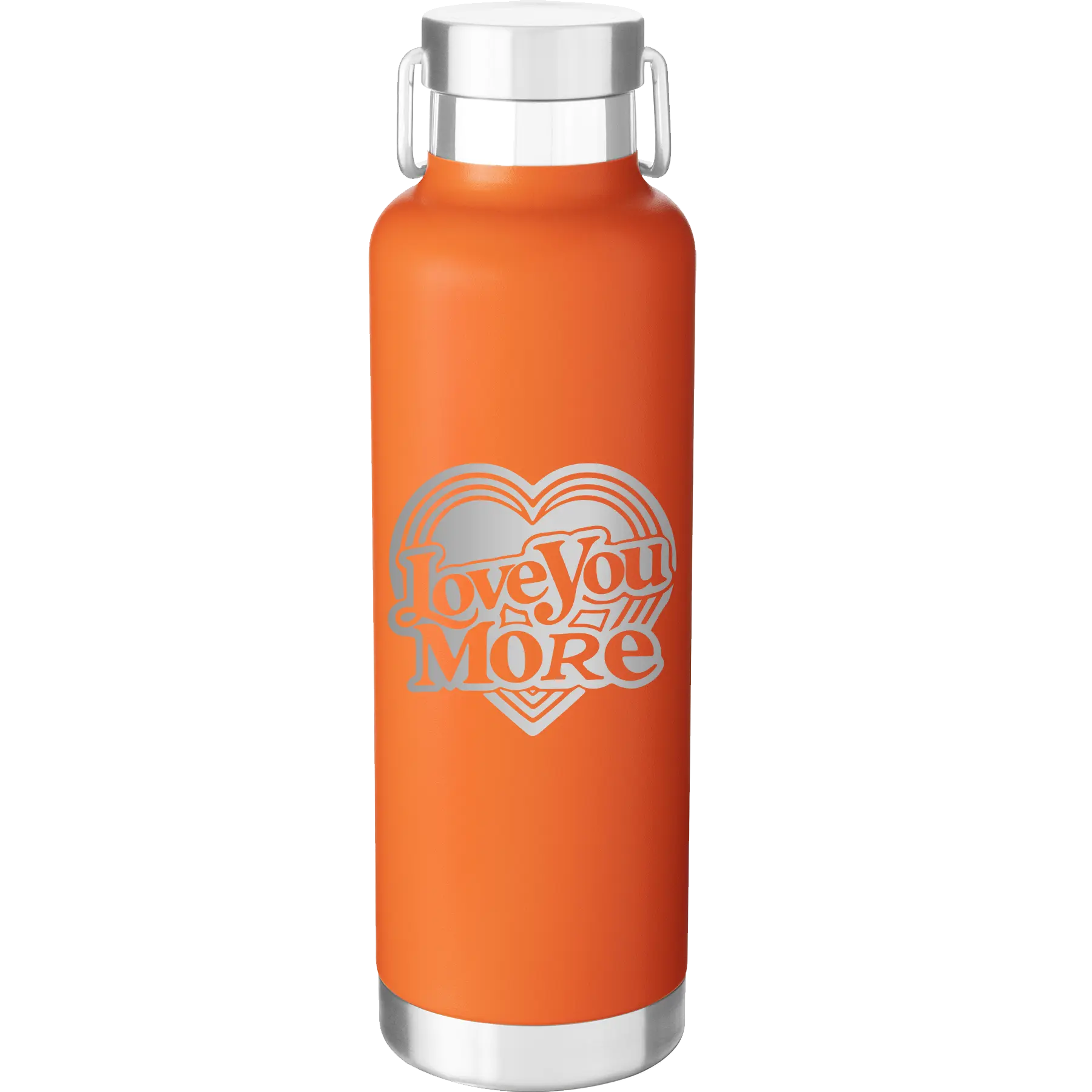 Laser etched orange 24 oz vacuum insulated water bottle with 'Love You More Retro' design