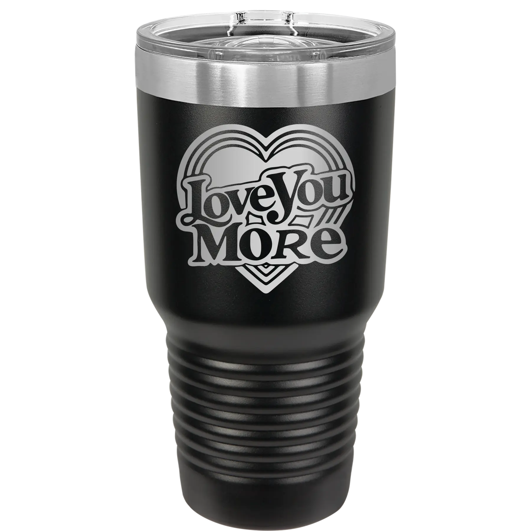 Laser etched black 30 oz vacuum insulated tumbler with 'Love You More Retro' design