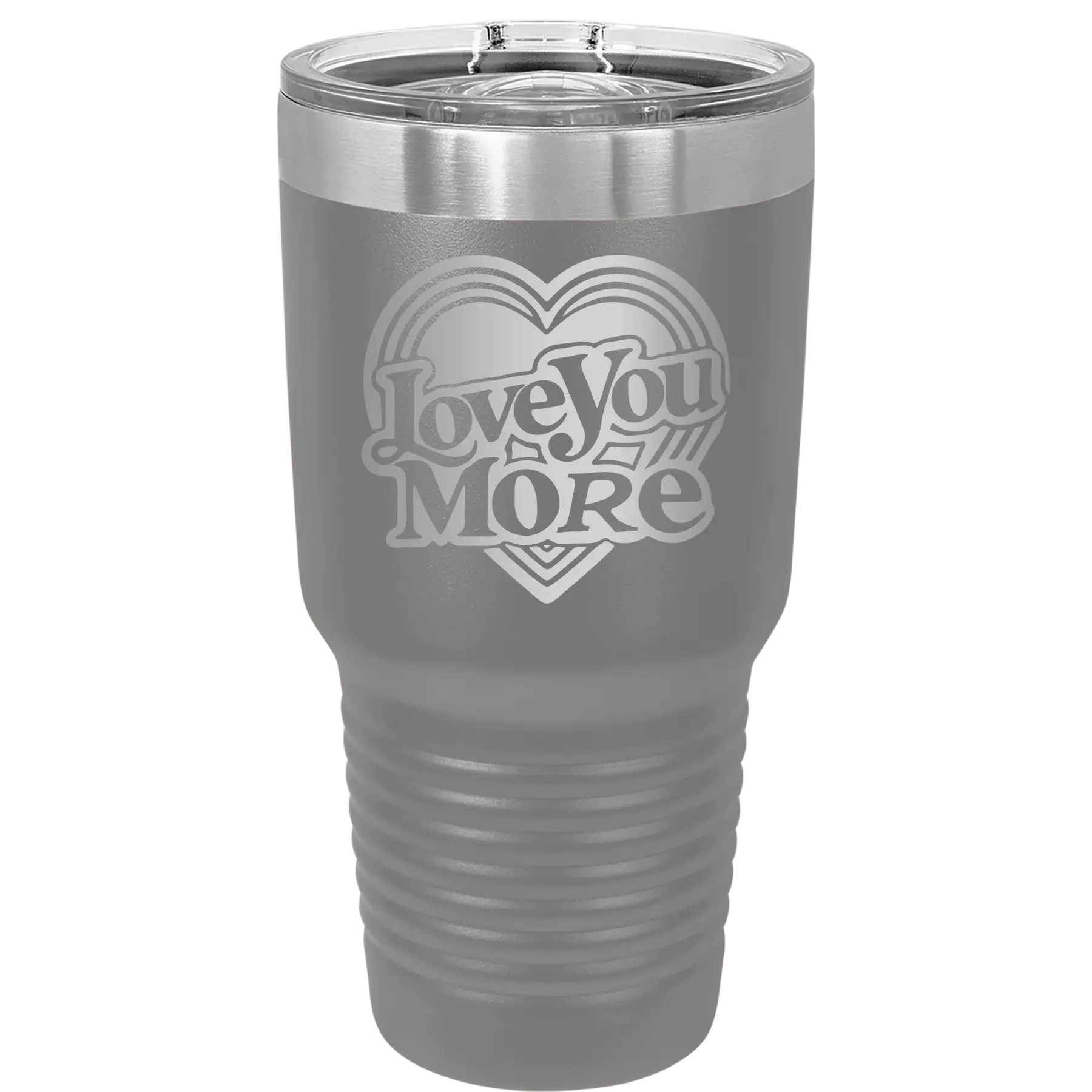 Laser etched dark gray 30 oz vacuum insulated tumbler with 'Love You More Retro' design
