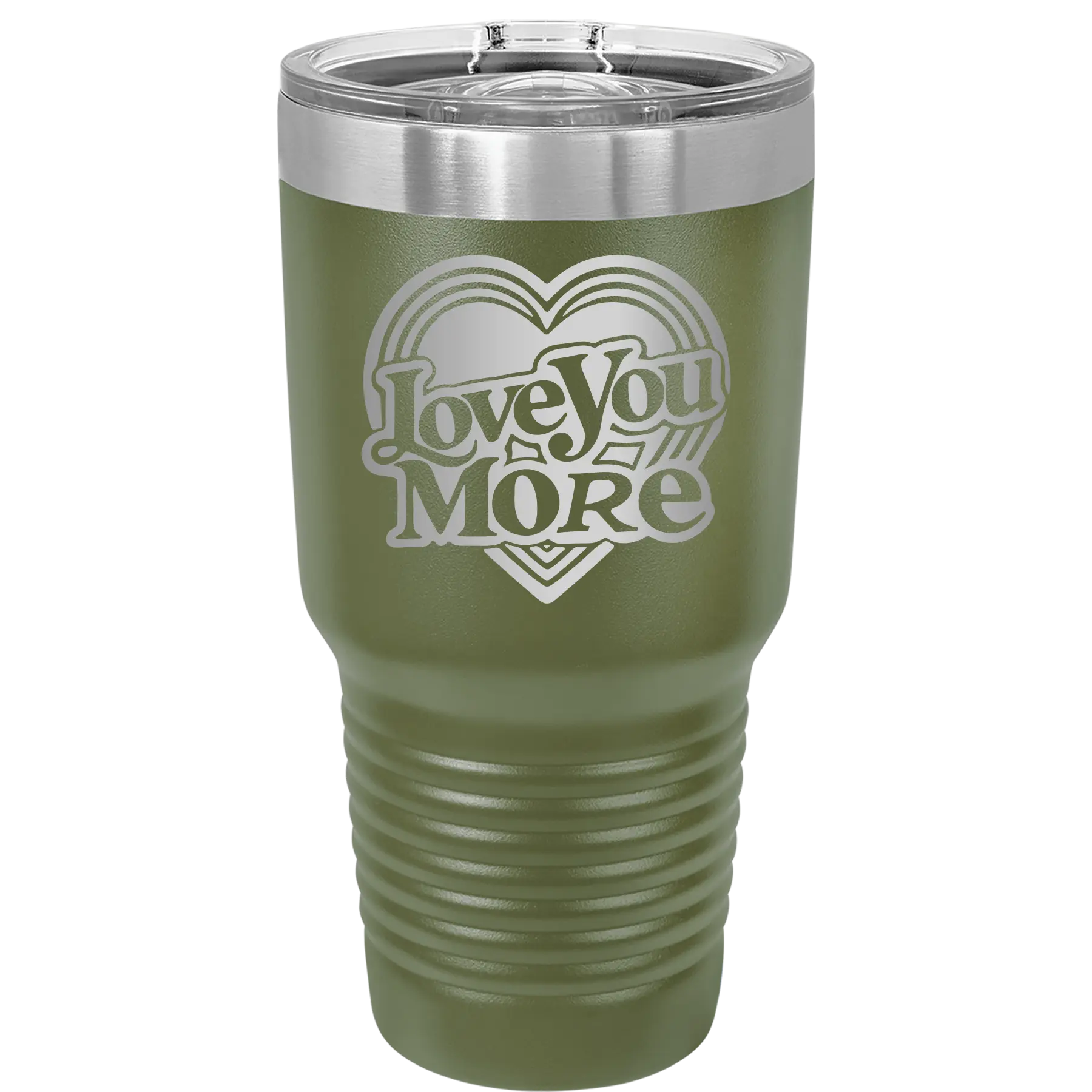Laser etched olive green 30 oz vacuum insulated tumbler with 'Love You More Retro' design