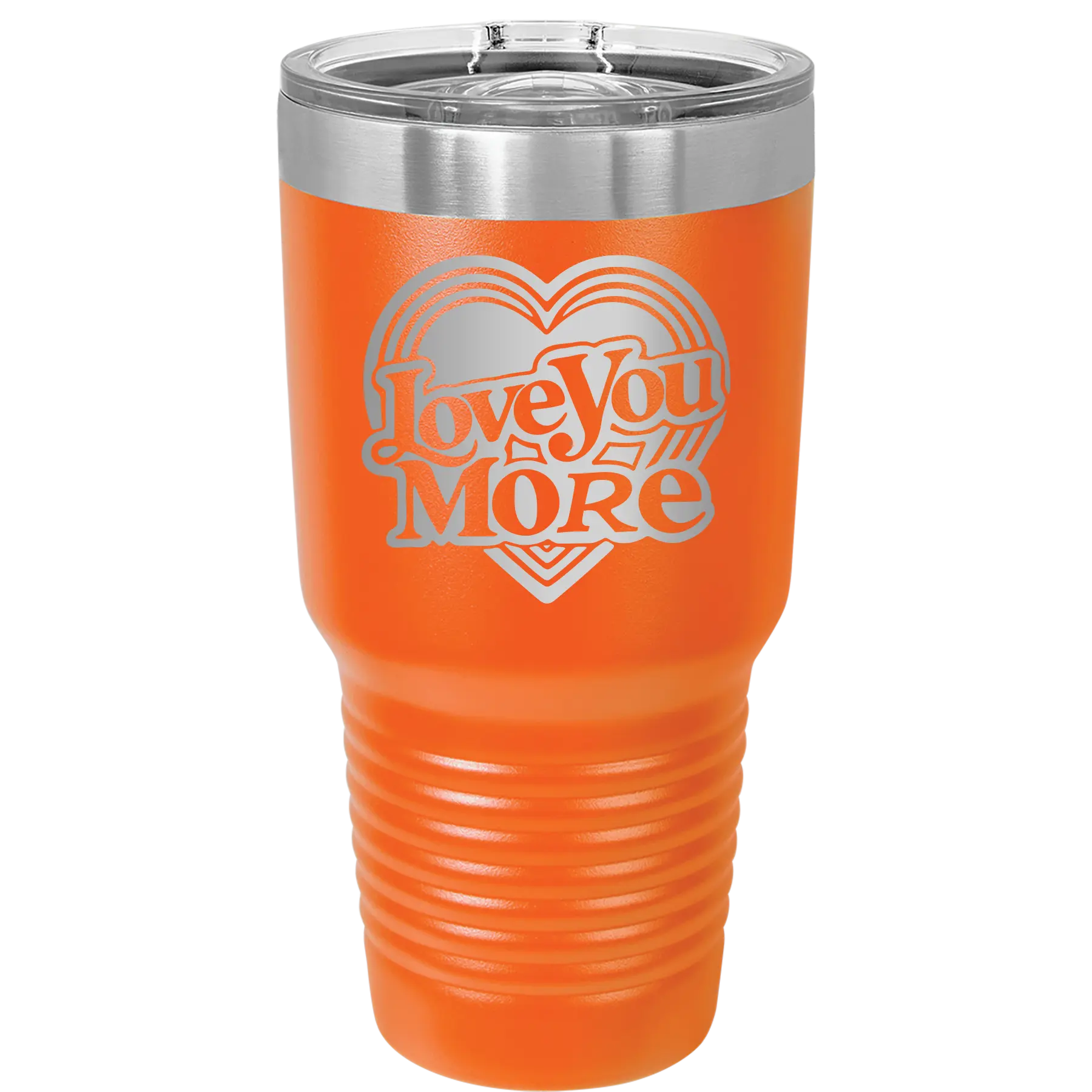 Laser etched orange 30 oz vacuum insulated tumbler with 'Love You More Retro' design