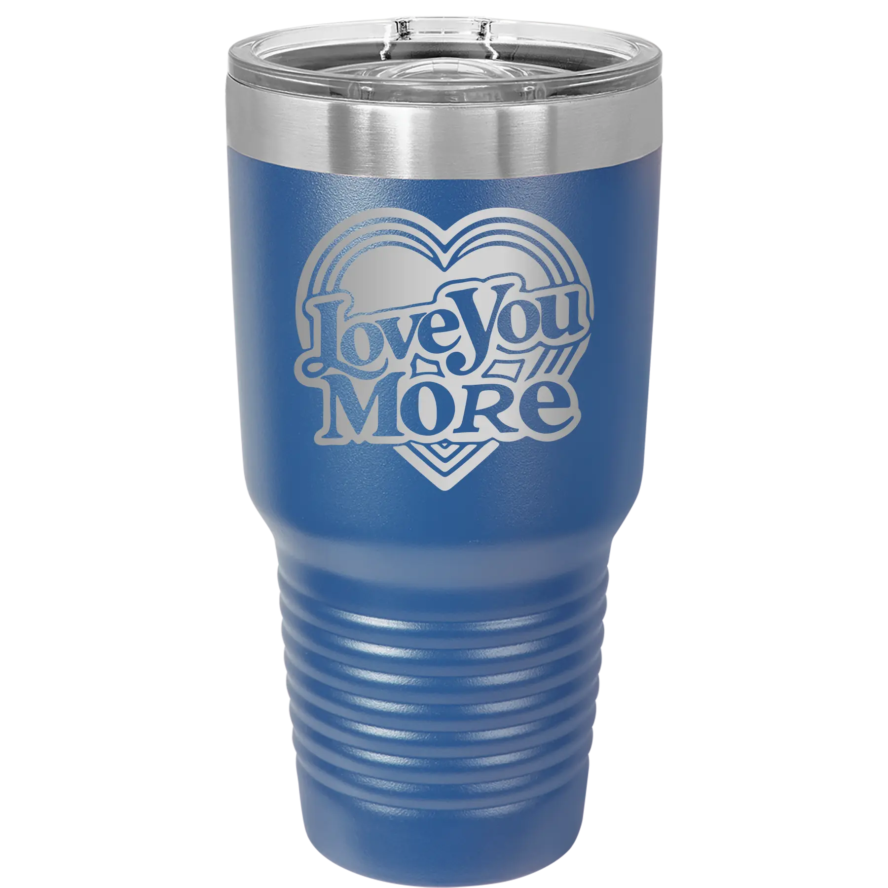 Laser etched royal blue 30 oz vacuum insulated tumbler with 'Love You More Retro' design